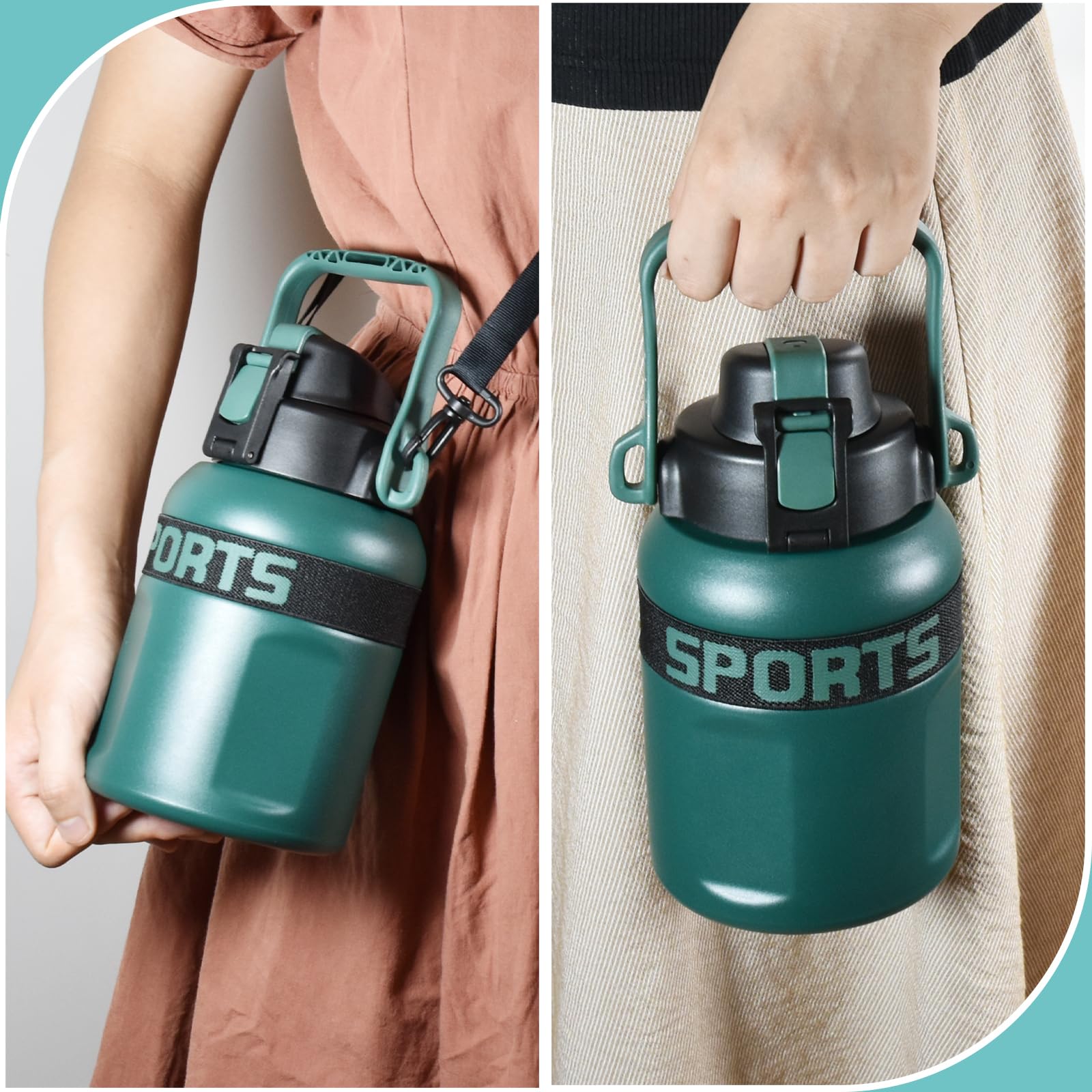 Portable 32oz straw water bottle with strap for travel and sports activities