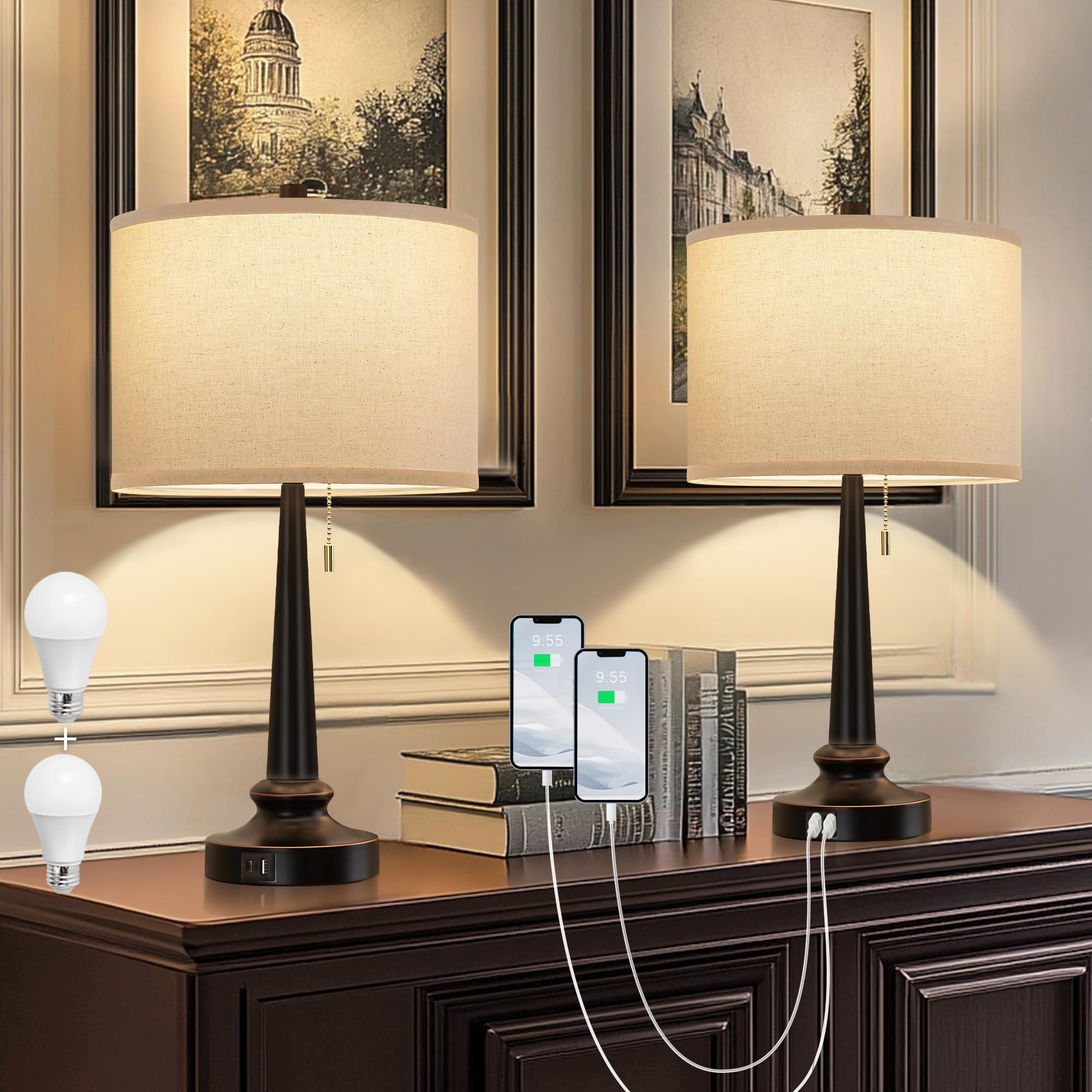 Gyrovu Table Lamp Set Of 2, Beside Lamps With Usb-C+A Nightstand Lamp With Pull Chain Swtich Modern Led Table Lamp For Living Room, Bedroom & Office-9W Led Bulbs Included(Black Set Of 2)