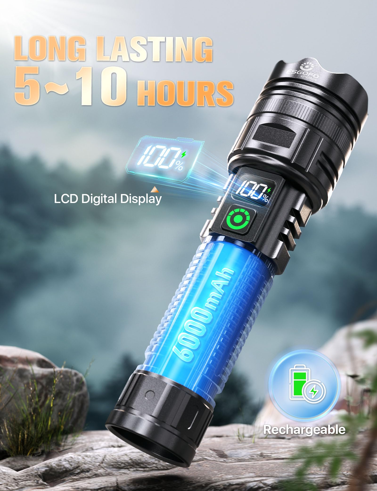 Esgofo Rechargeable Flashlights High Lumens 2000 2 Modes High/Low, Super Bright Magnetic Led Flashlight Long Distance 3280Ft, Small Powerful Long Lasting 10 Hours Strong Flash Light Usb C With Clip
