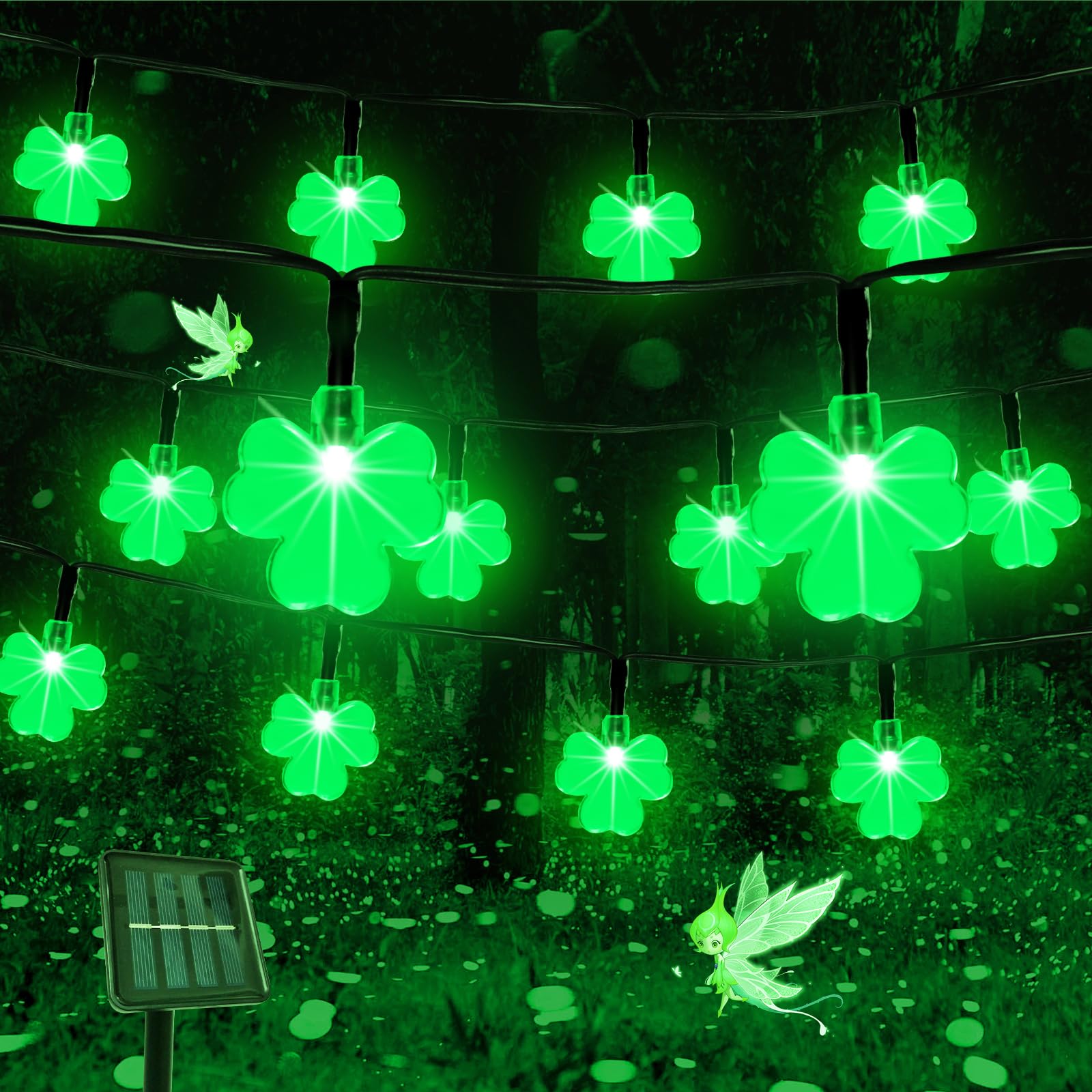X-Giftkey St. Patrick'S Day Decor Solar Shamrock String Lights, 50Led Green, Outdoor, 19Ft
