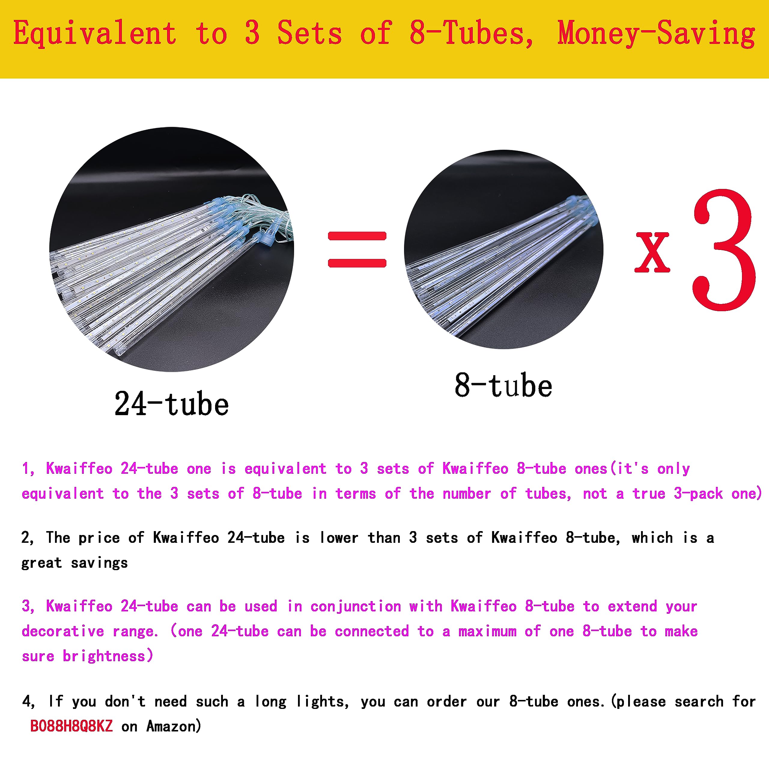 Kwaiffeo Christmas Lights Outdoor, 24 Tubes(Equivalent To 3 Sets Of 8-Tubes) Meteor Shower Lights Snow Falling Icicle Lights For Xmas Tree Halloween Decoration Wedding Party Window, Ul Plug, White