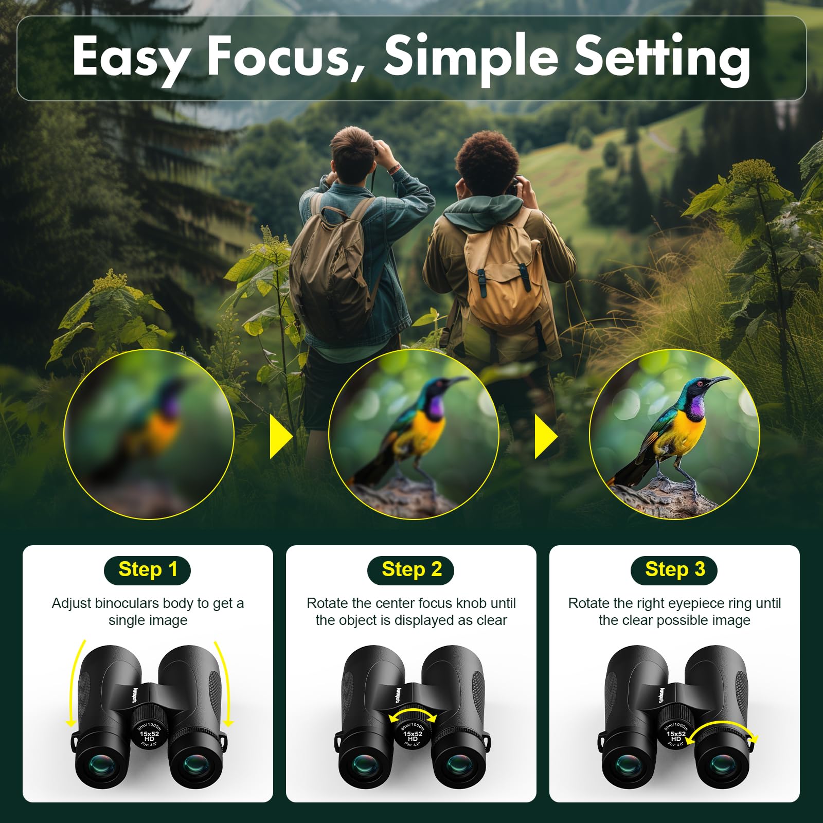 Aurosports 15X52 Binoculars For Adults High Powered: Waterproof Fogproof Shockproof Uhd Binoculars Easy Focus - Large View Travel With Clear Low Light Vision For Bird Watching Hiking Hunting Trip Black