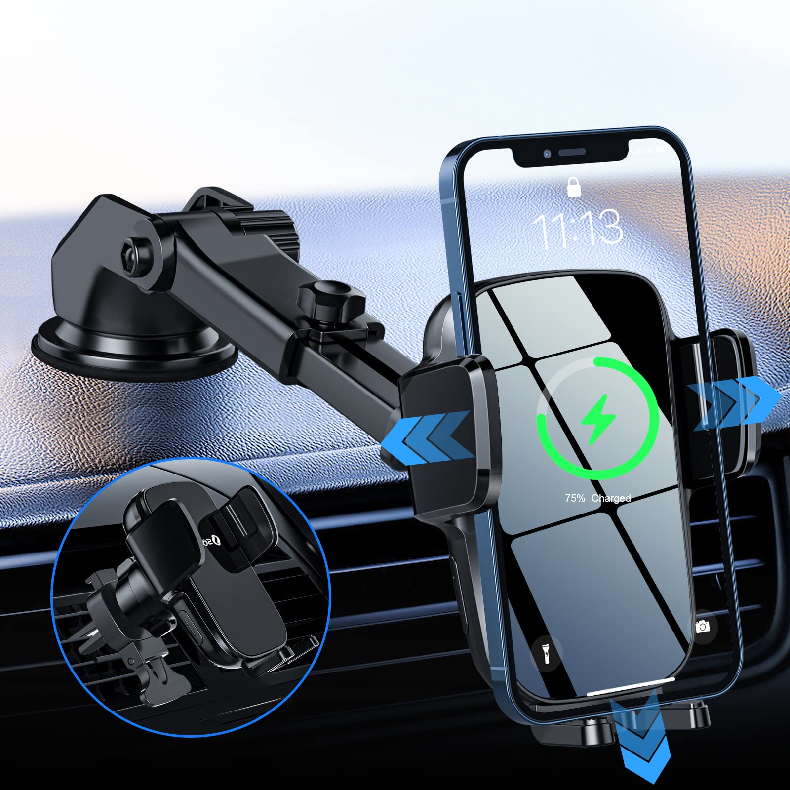 Sonru Wireless Car Charger Mount, 15W Fast Charging Auto-Clamping Car Phone Holder, Windshield Dashboard Air Vent Cell Phone Holder For Iphone 16/15/14/13/12 Pro Plus Max Xs Xr, Samsung Galaxy Google Lg Etc