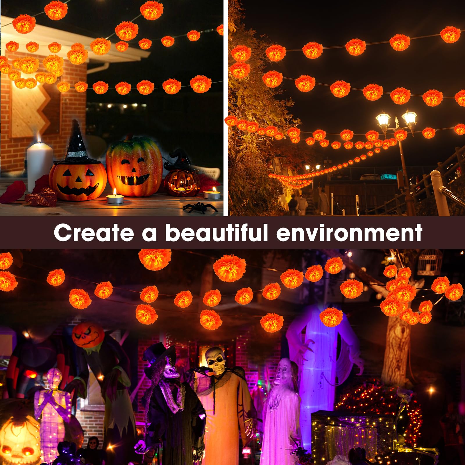 X-Giftkey Solar Marigold String Lights For Halloween Garland Decorations Outdoor,19Ft 30Led Marigold Flowers Halloween Lights,Solar Halloween String Lights For Porch Window Yard Garland Decor