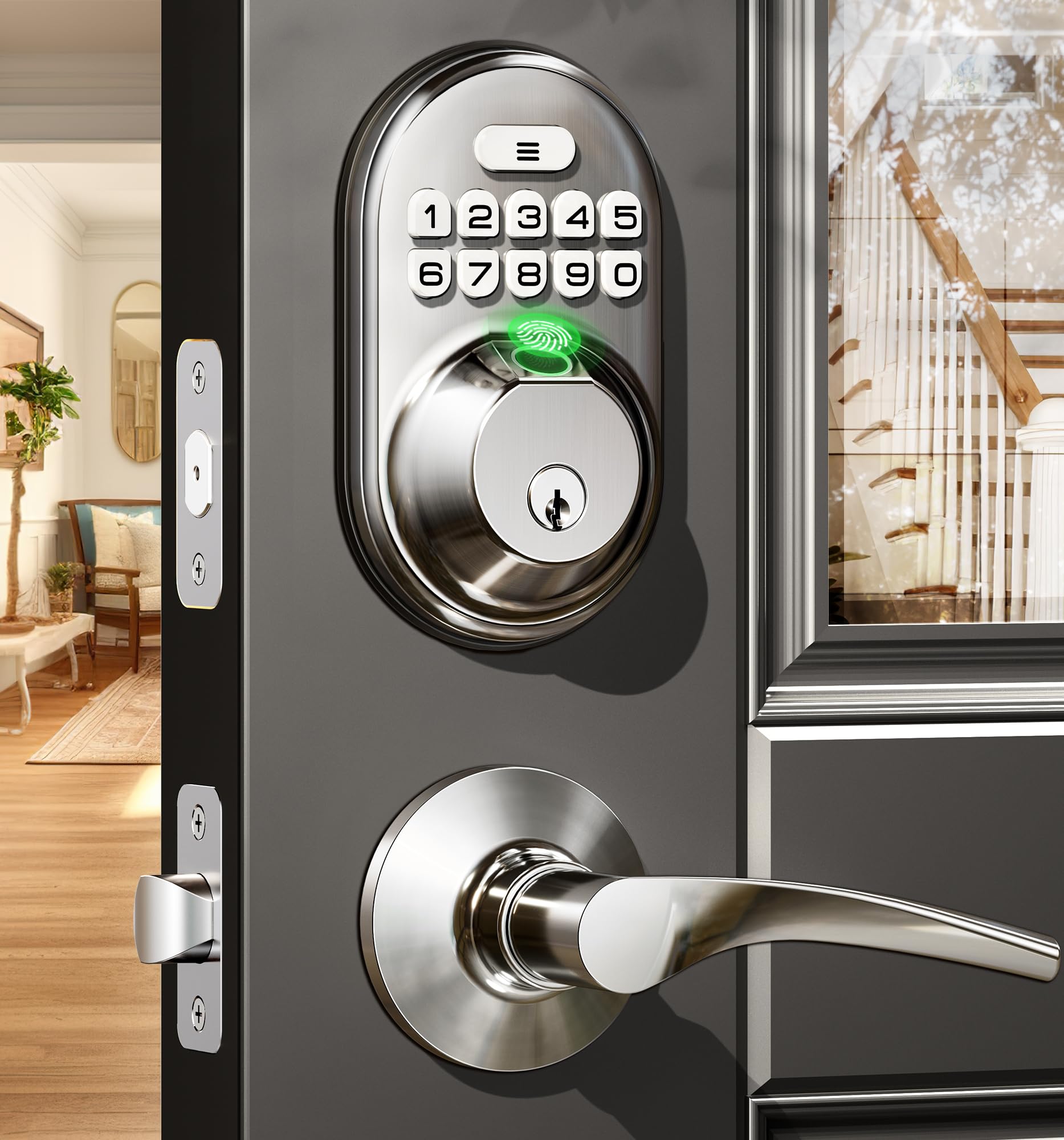 Veise Fingerprint Door Lock With 2 Lever Handles, Keyless Entry Keypad Electronic Deadbolt, Front Door Lock Set, Easy Installation, Satin Nickel