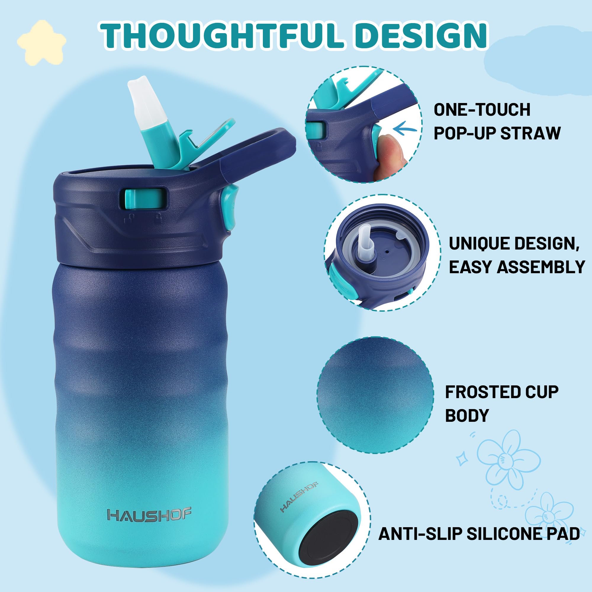 Haushof Kids Water Bottle 12 Oz- With Straw And Stickers, Stainless Steel