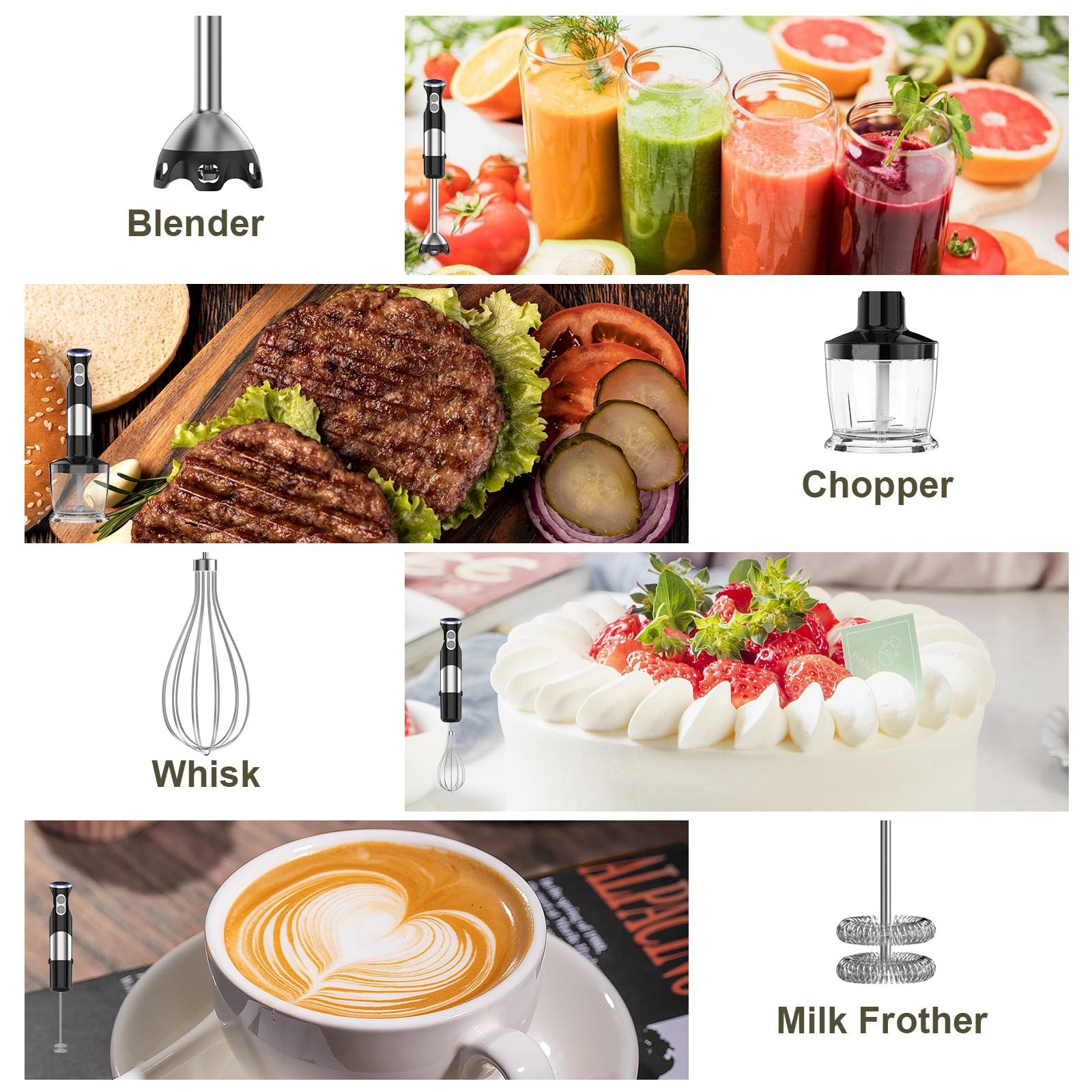 Ceukoz Immersion Blender Handheld 5 In 1-1100W Scratch Resistant Blender Stick, 12 Speed And Turbo Boost Hand Blender With Chopper Beaker Whisk And Milk Frother For Milkshake Puree Smoothie Food