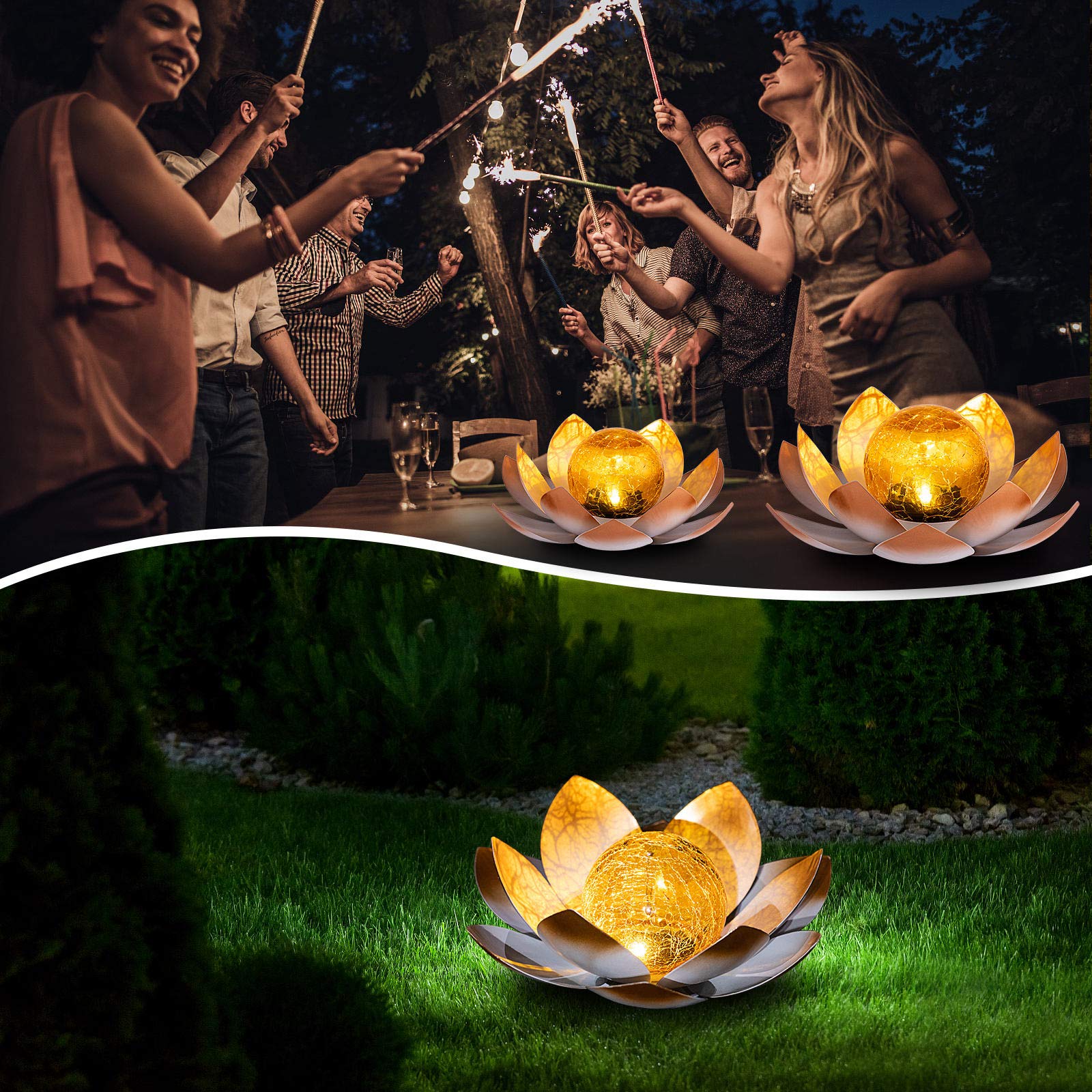 Aiiny Garden Solar Lights Outdoor(2Pack) , Amber Crackle Globe Glass Lotus Decoration , Waterproof Orange Metal Led Flower Lights For Patio,Lawn,Walkway,Tabletop,Ground, Garden  For Women