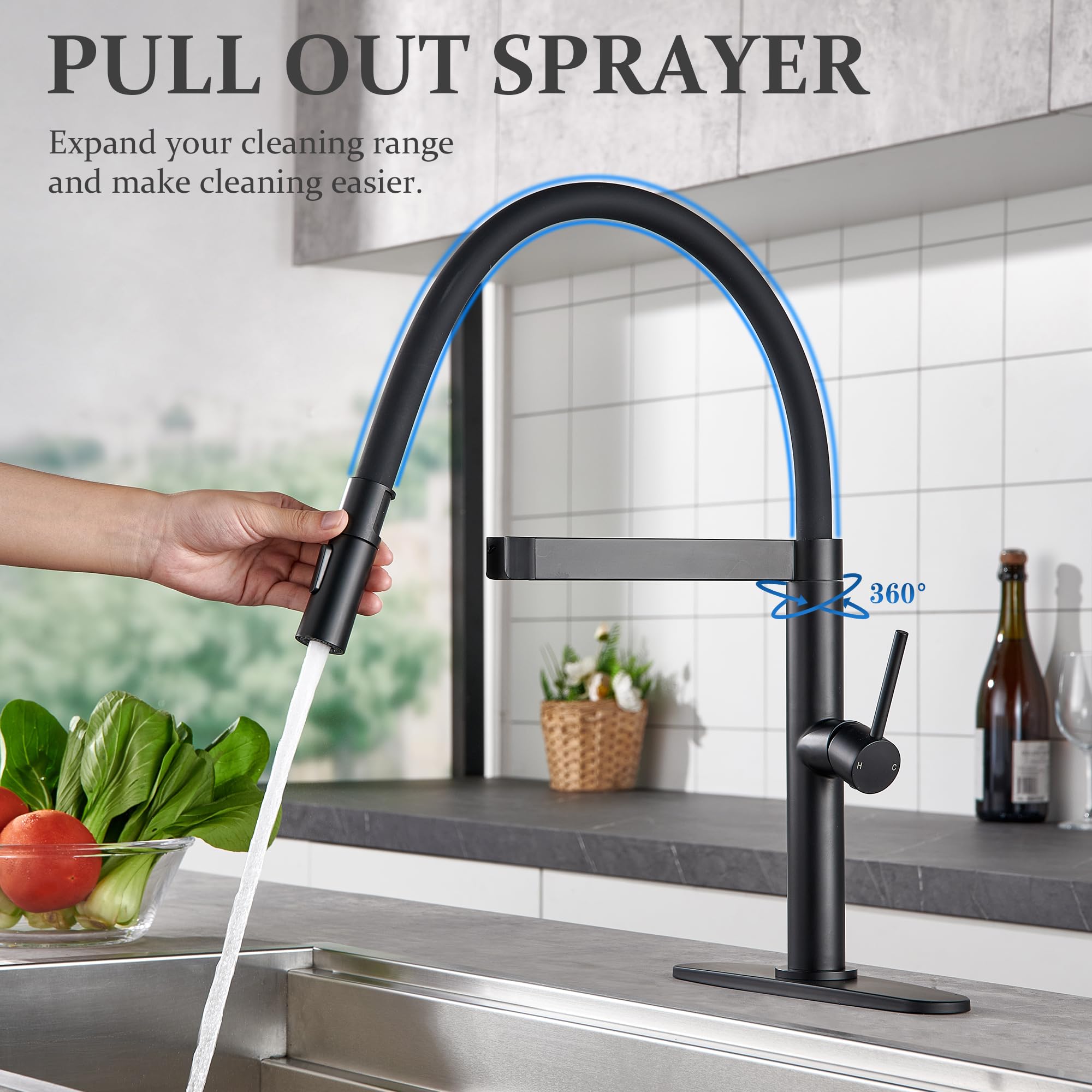 Tohlar Black Kitchen Faucet With Pull Down Sprayer, Matte Black Kitchen Sink Faucet Commercial Single Handle Kitchen Faucets For Kitchen Farmhouse Laundry Rv