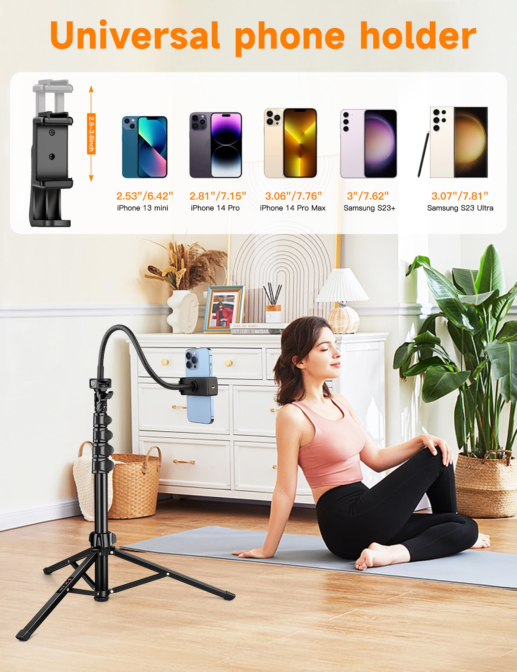 Victiv Phone Tripod, 86" Tall Tripod For Iphone With Flexible Gooseneck & Remote, Portable Aluminum Cellphone Stand For Selfies, Video Recording,Travel, Compatible With Iphone Android