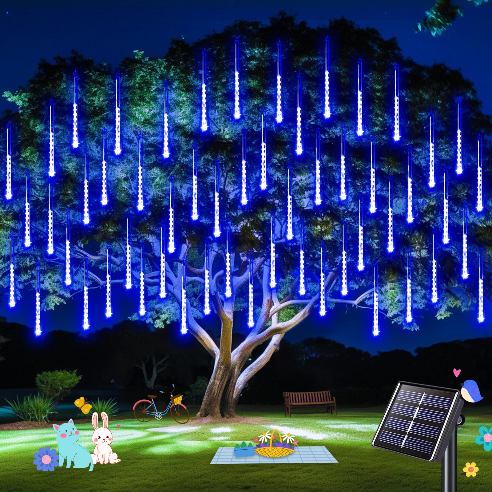 Jmexsuss Solar Meteor Shower Lights Outdoor, 8 Tube 144 Leds Solar String Lights Outdoor Waterproof For Tree Icicle Garden Yard Party Patio Christmas Decor (Blue)