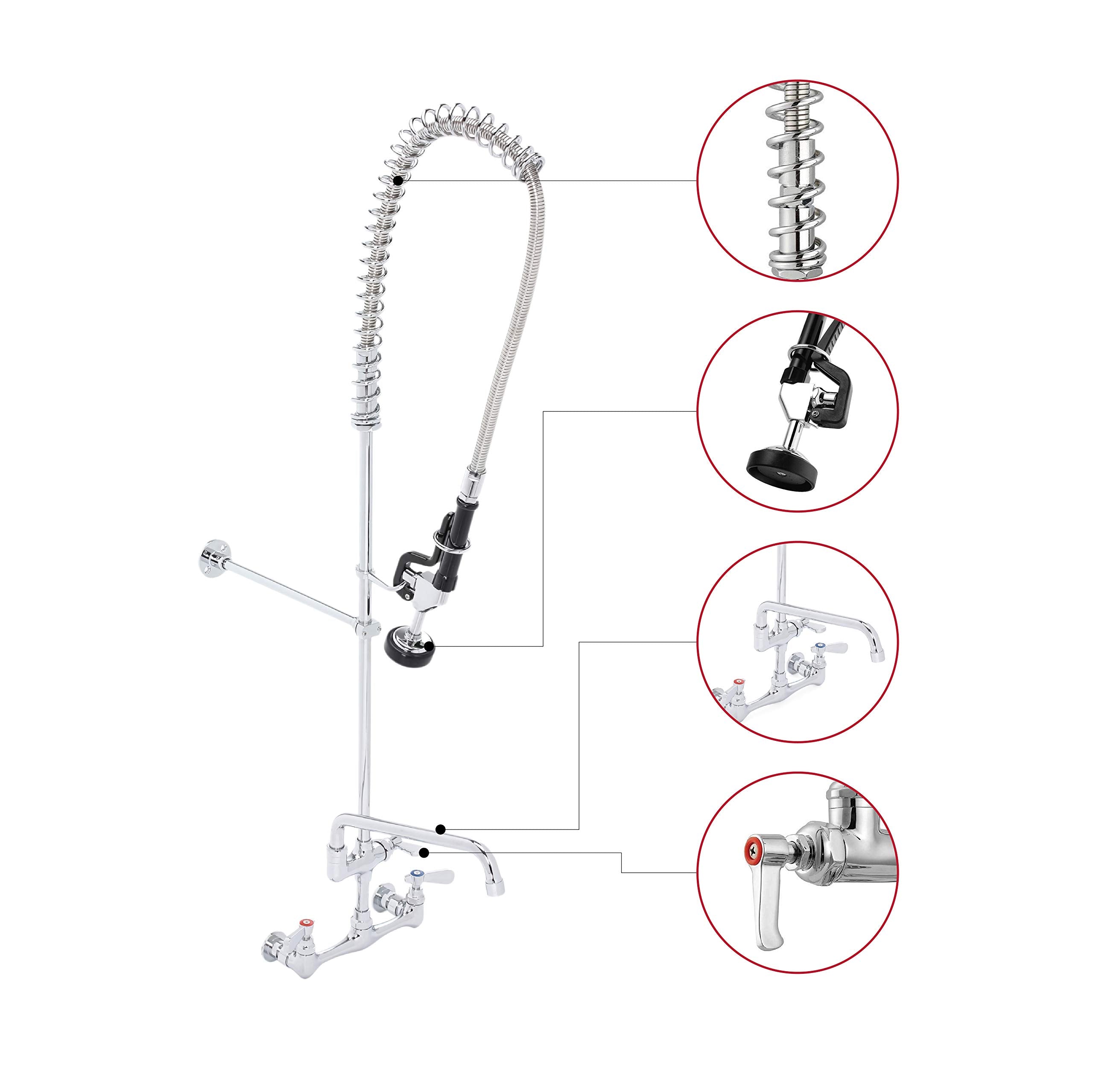 Durasteel Commercial Kitchen Wall Mount Pre-Rinse Faucet, 42" Height 8" Center With Coiled Spring Pull Down Sprayer And 12" Add-On Faucet, Brass Constructed Polished Chrome Body, 1 Set