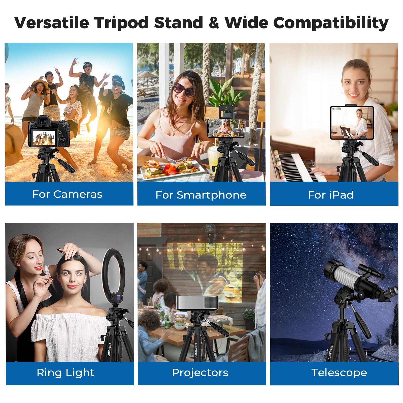 Zikzok 75" Camera Tripod, Heavy Duty Aluminum Camera Stand For Ipad Phone, Travel Tripod With Remote/Carry Bag/Phone Tablet Holder, Compatible With Dslr, Spotting Scopes, Max Load 15 Lb(Grey)