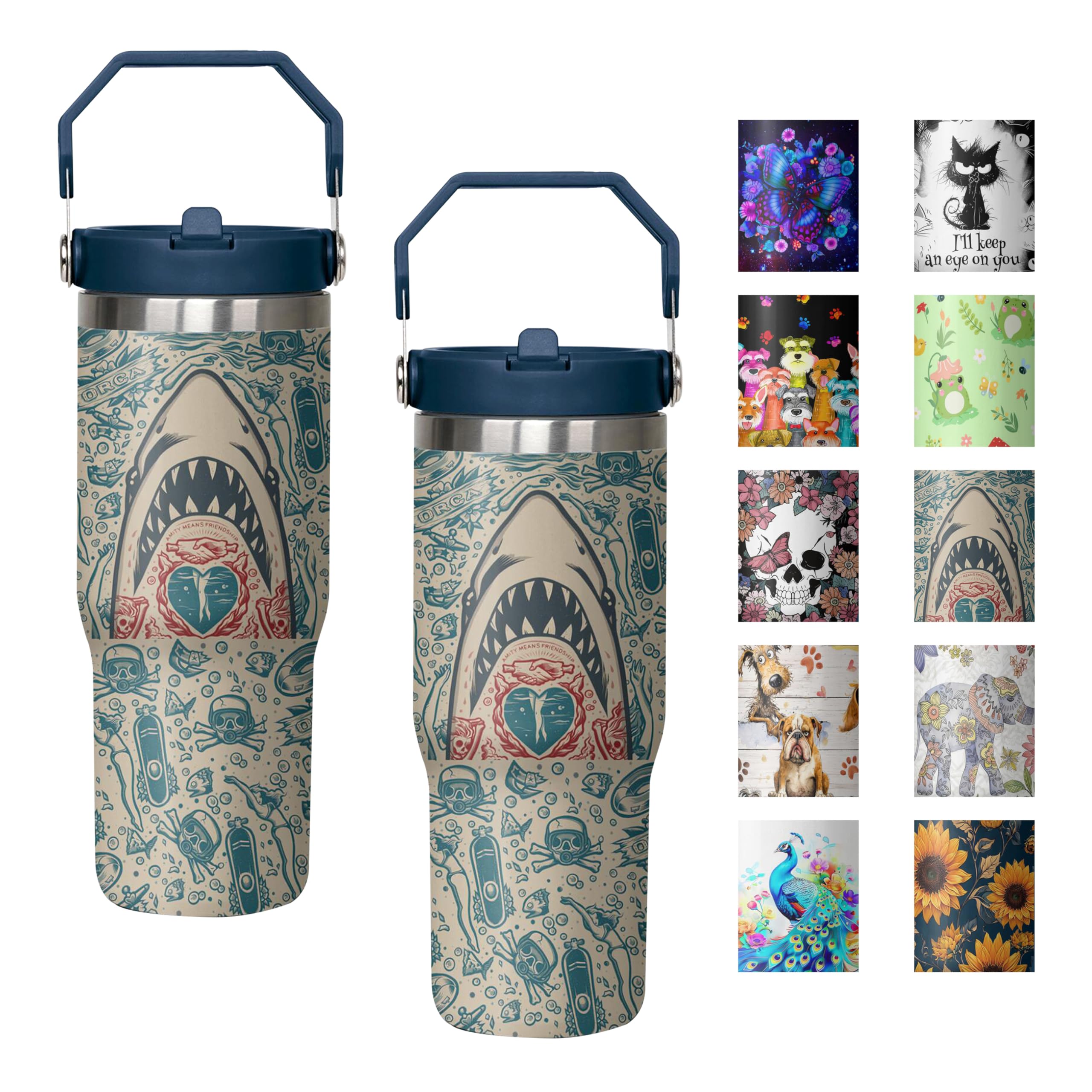 30 Oz Shark White Flip Straw Tumbler With Top Handle For Sharkhead White Lover Resuable