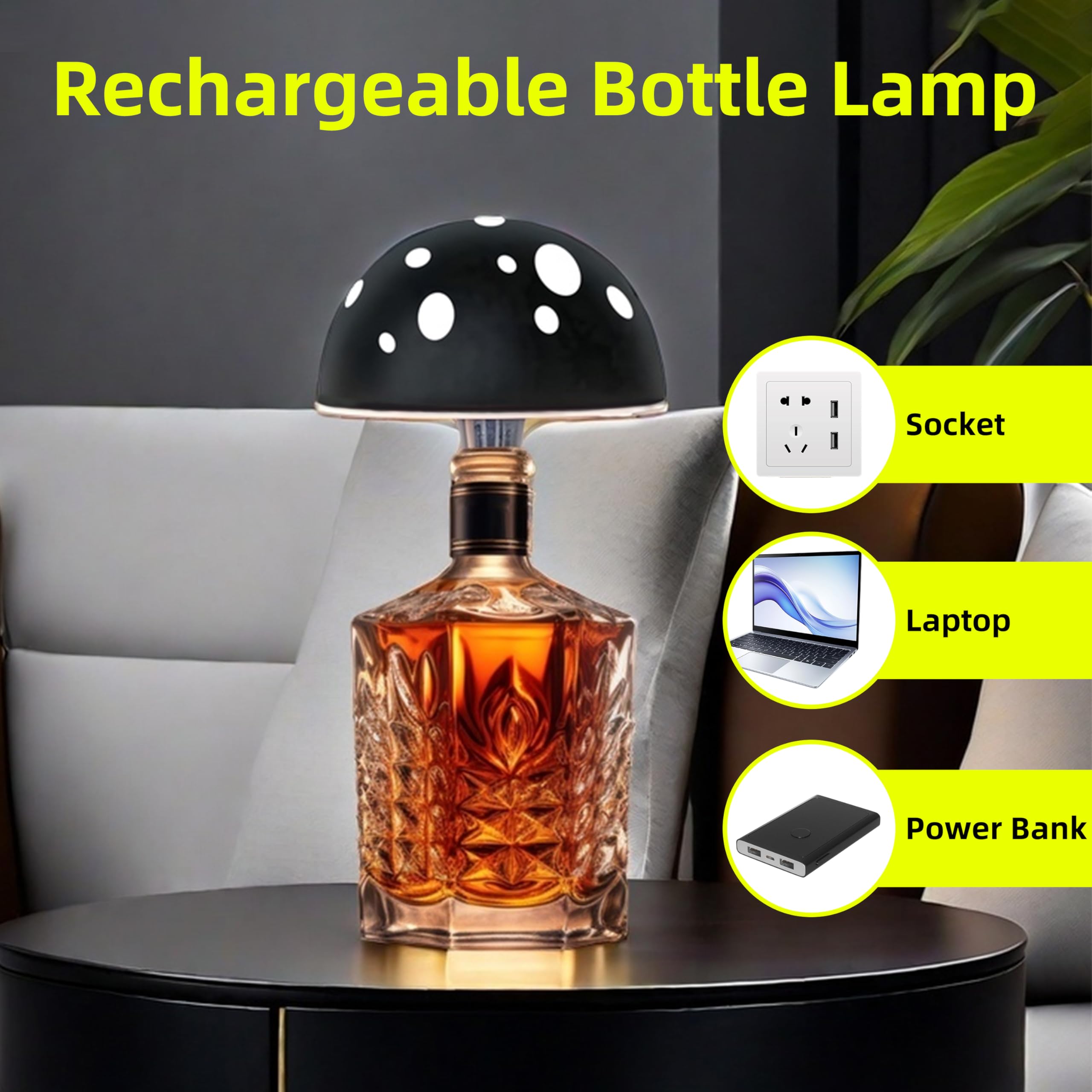 Fozxsvg Mushroom Bottle Lamp, Alloy Wine Bottle Lights, Led Table Lamps With 2000Mah 3 Color Adjustable For Bedroom, Bar, Restaurant (Black)