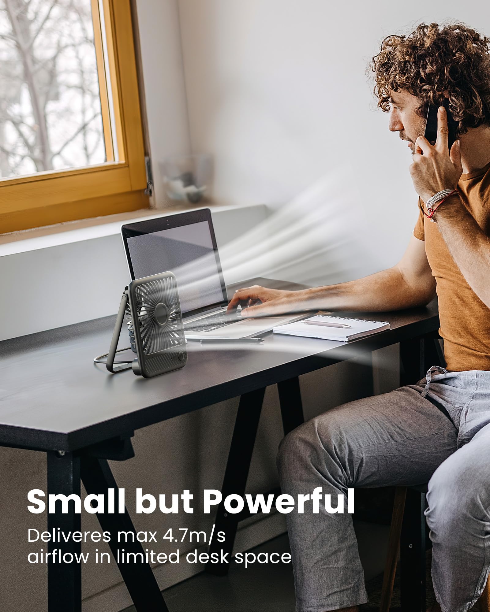 Koonie USB Desk Fan, Strong Wind Ultra Quiet Small Personal Fan with 180° Tilt Folding and 3 Speeds Adjustable - Koospark