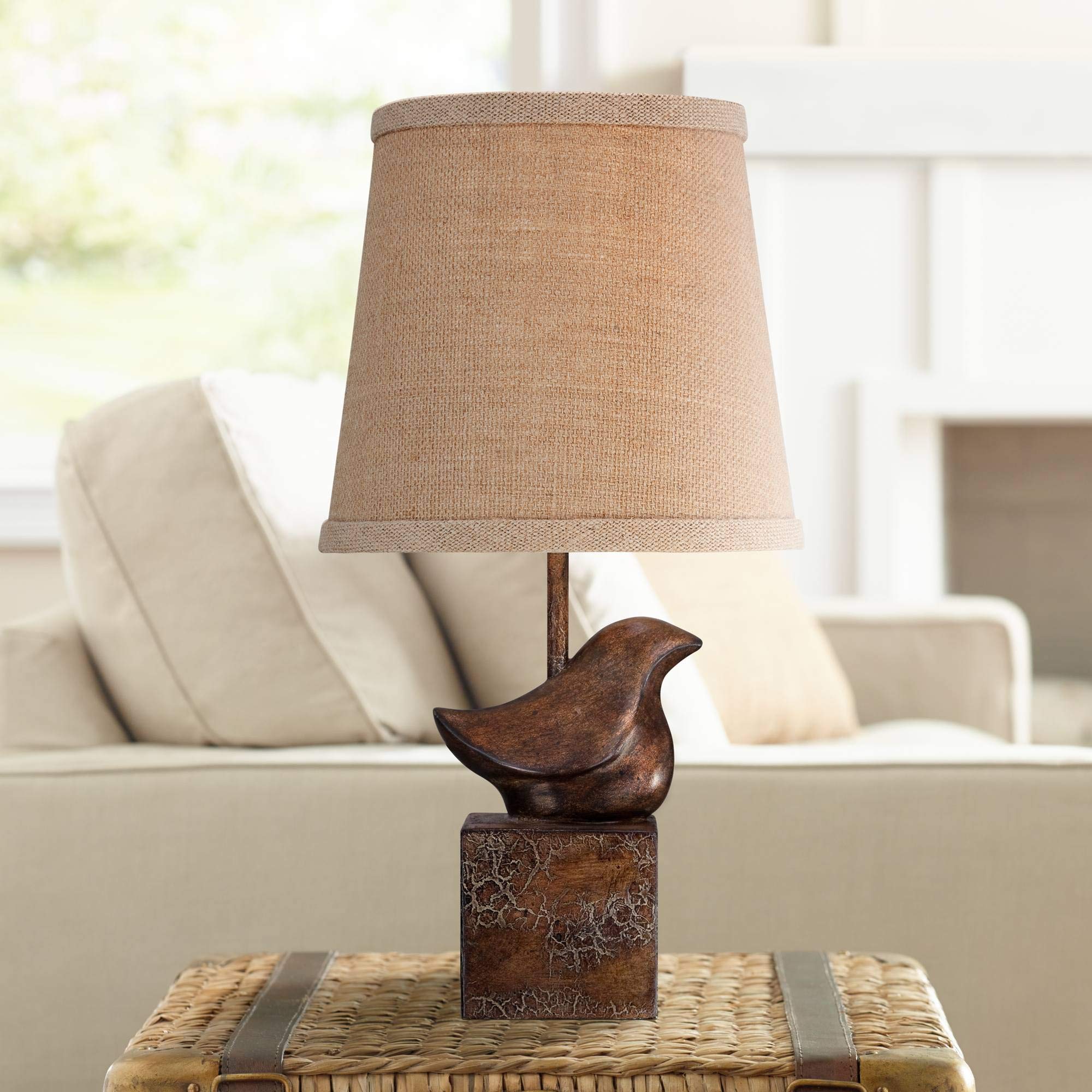360 Lighting Bird Modern Rustic Farmhouse Accent Table Lamp 15 1/2" High Sculptural Crackle Bronze Brown Natural Burlap Hardback Drum Shade For Bedroom House Bedside Nightstand Home Office