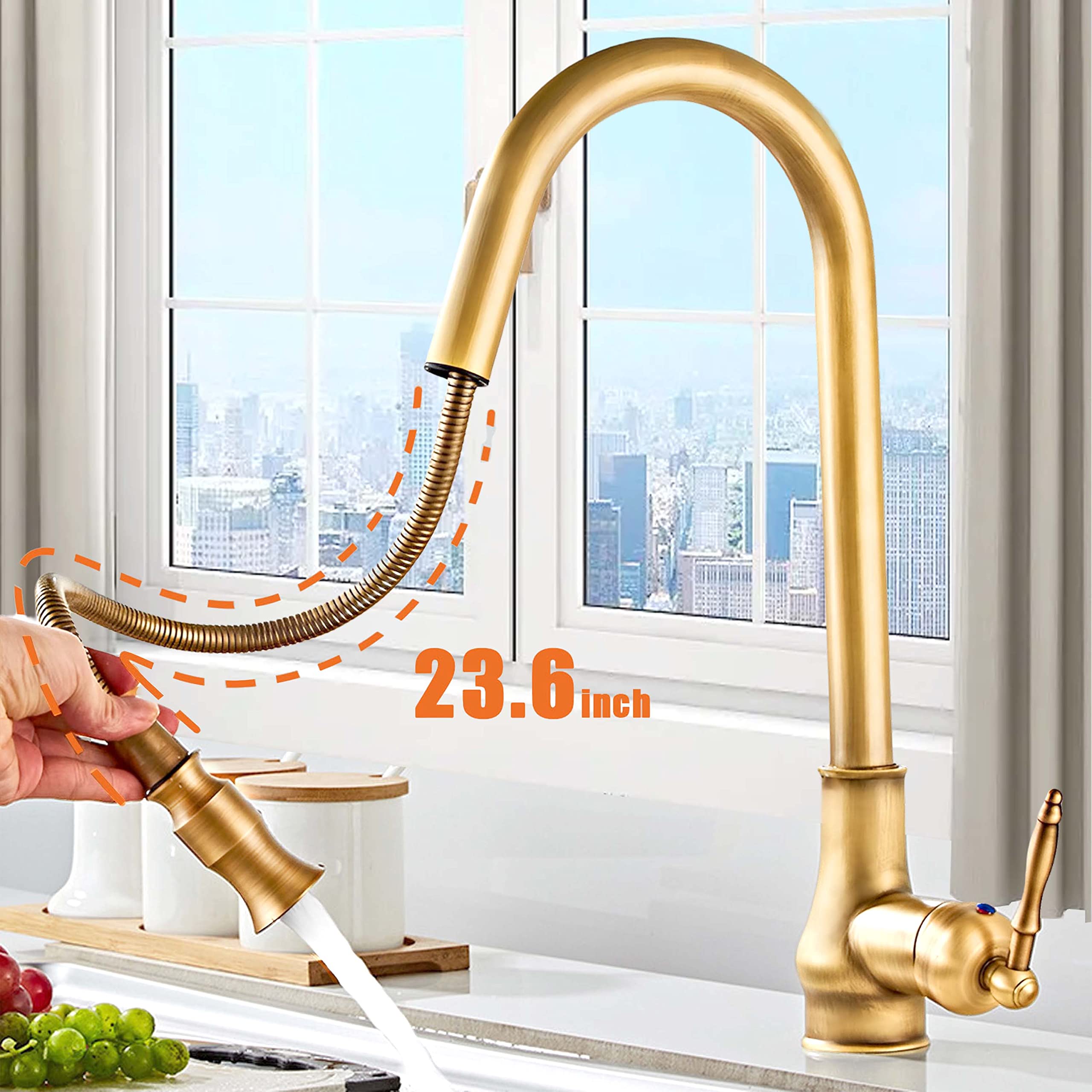 Lightinthebox Single Handle Kitchen Faucet,Antique Copper One Hole Pull Out Pull Down Widespread Brass Faucet Body With Cold Hot Mixer Hoses