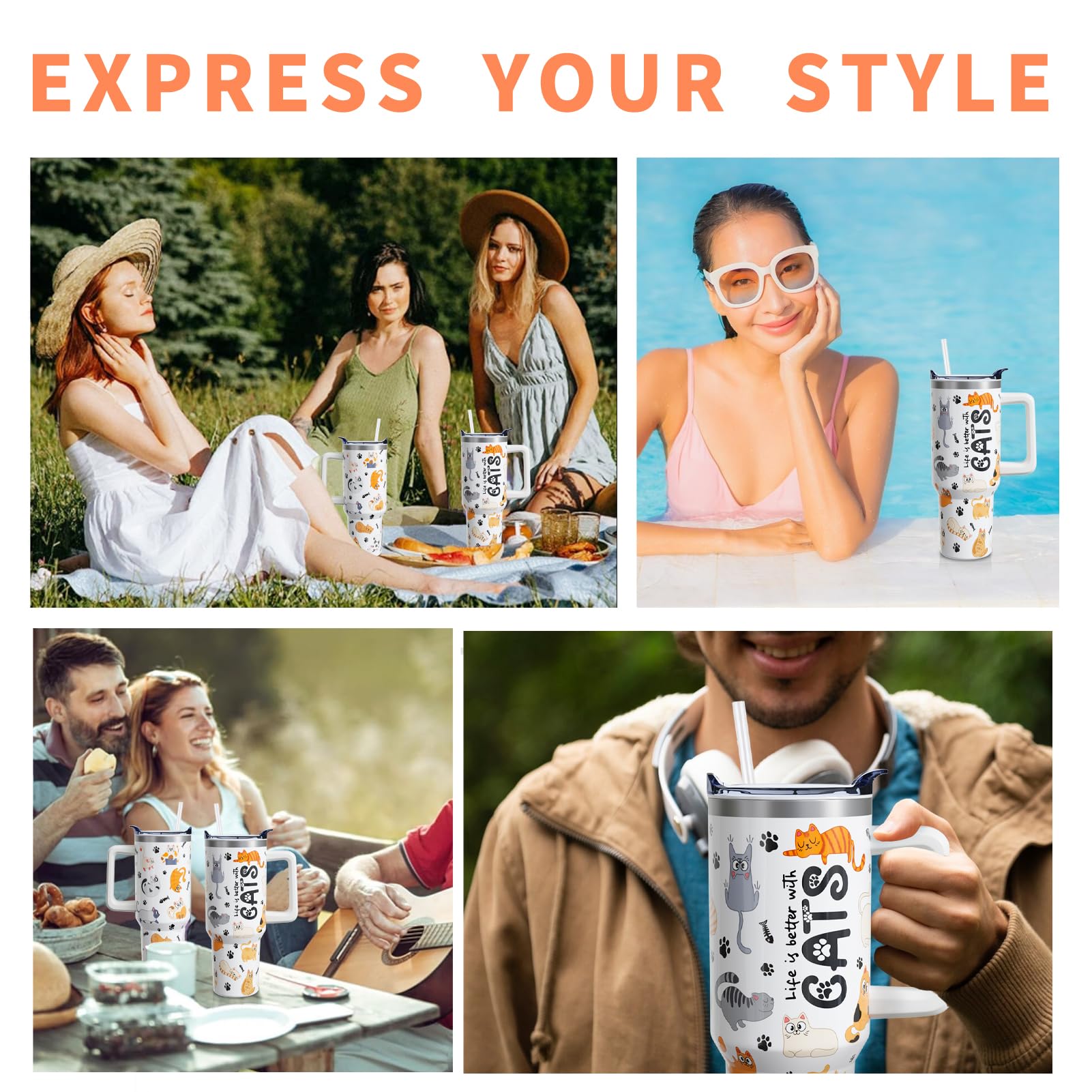 Funny Cat 40Oz Tumbler With Lid And Straw,Life Is Better With Cats Insulated Cup