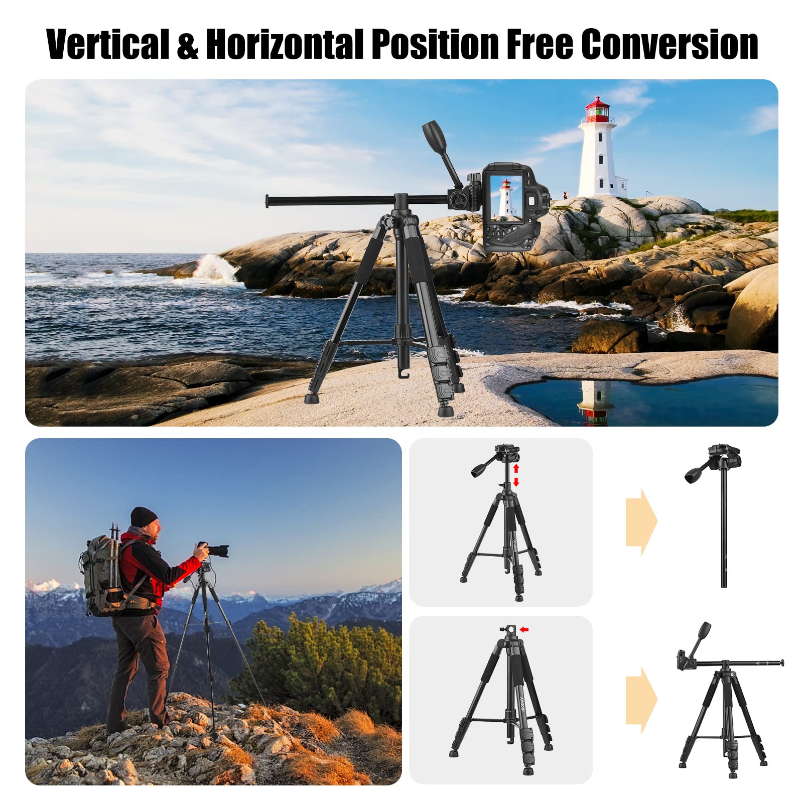 Andoer 157Cm/61.8Inch Portable Tripod Horizontal Camera Tripod Stand Aluminum Alloy 5Kg/11Lbs Load Capacity 1/4 Inch Screw Connection With Phone Clamp Carry Bag For Vlog Live Streaming Video Recording