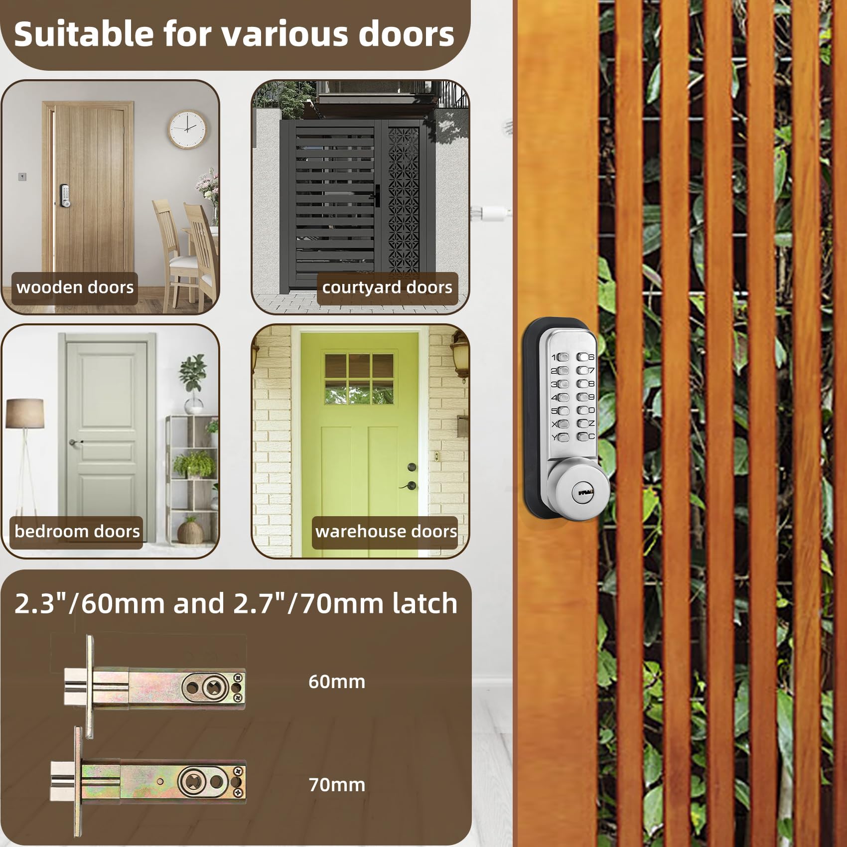 Casmer Mechanical Keyless Entry Door Lock,Outdoor Keyless Gate Lock Waterproof And Sun Proof,Mechanical Door Lock,Auto Lock, No Electronic(Silvery,Large Cushion)