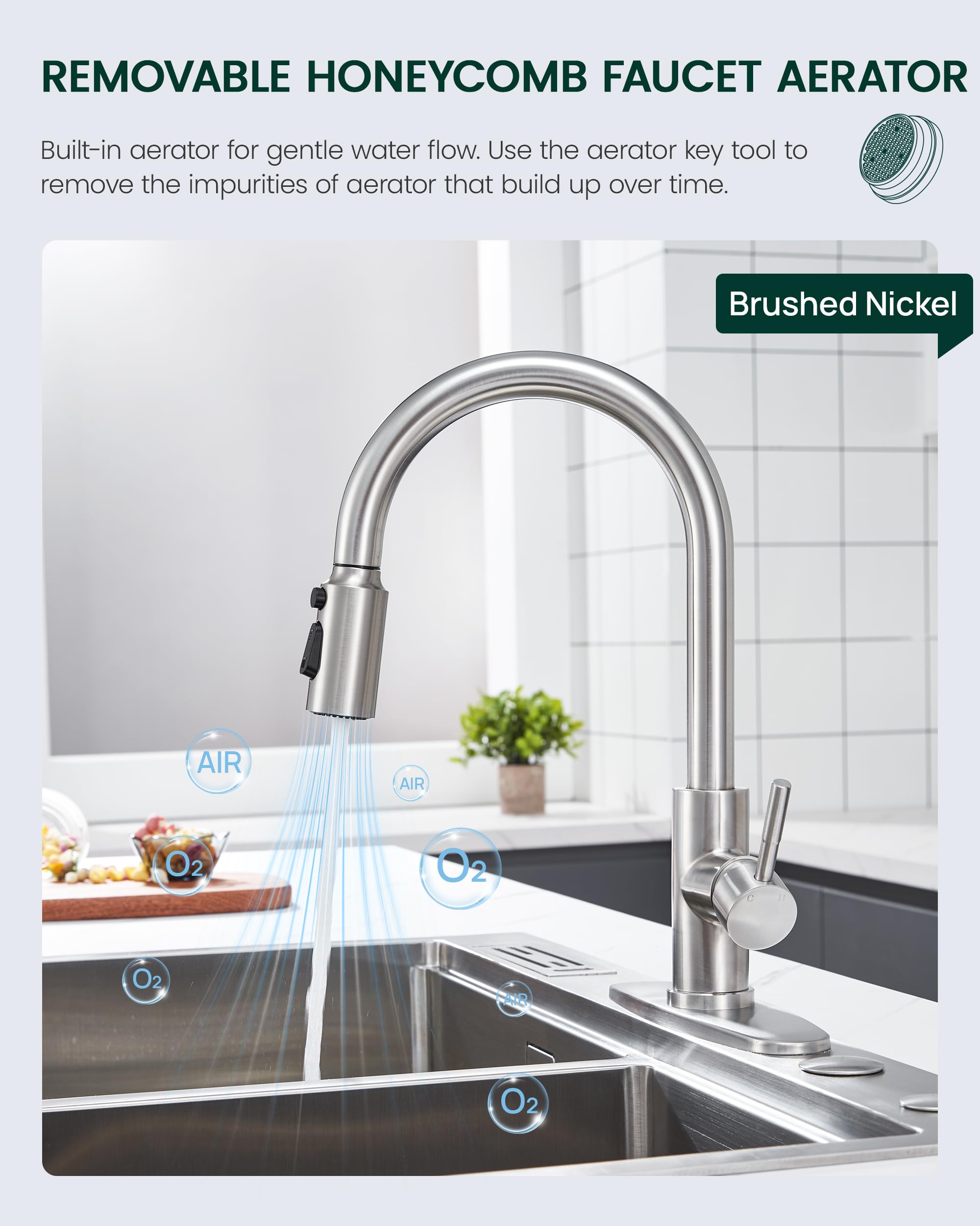 Heisok Kitchen Faucet Spray Head Replacement, Pull Down Faucet Head Replacement With 15 Adapters, 3 Function Spray Nozzle For Kitchen Faucet, Replacement Pull Out Faucet Head, Brushed Nickel