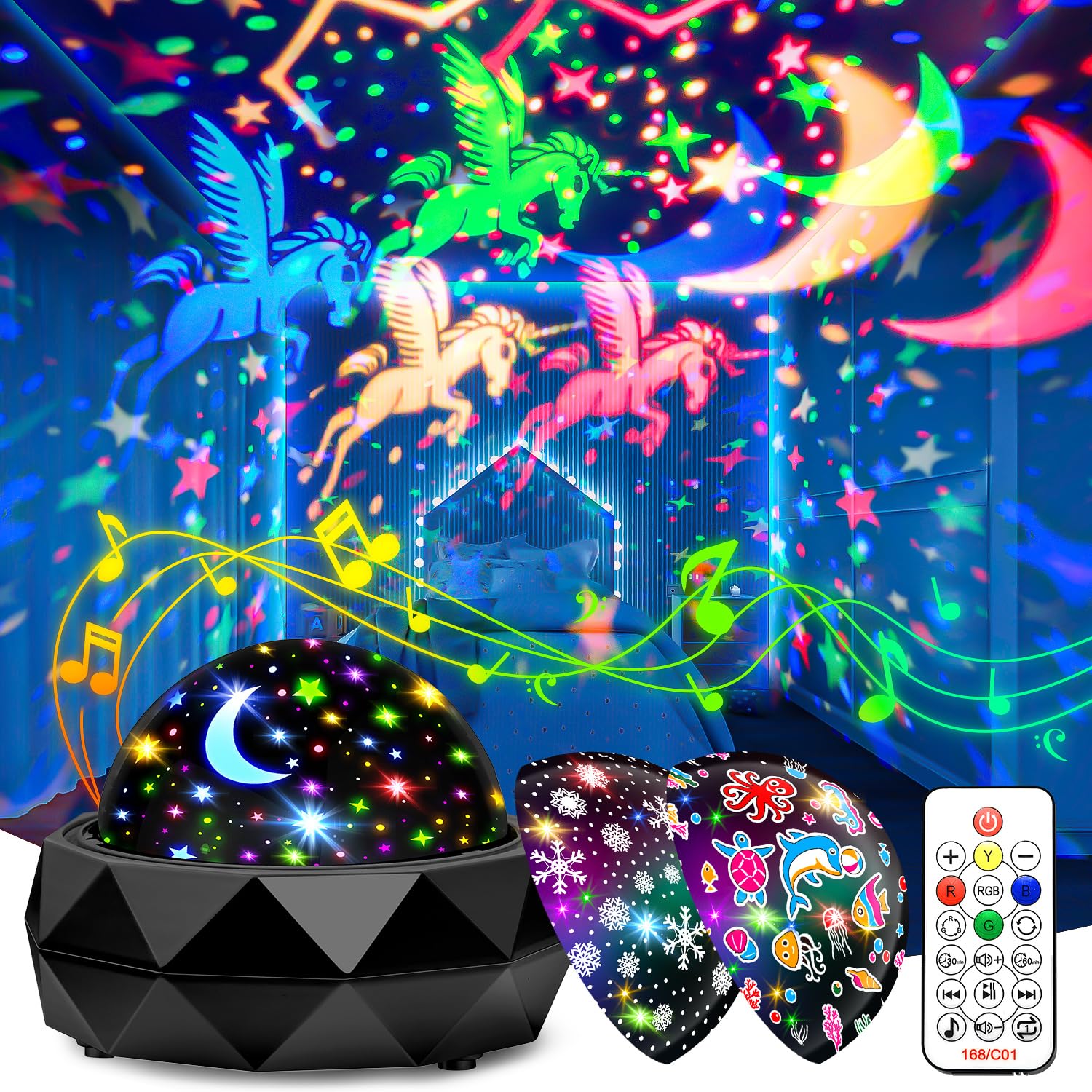 Pikoy Night Light Projector For Kids Room - 15 Colors, 15 White Noise, 3 Films, Remote - Rechargeable Star Lights For Ceiling, Bedroom -