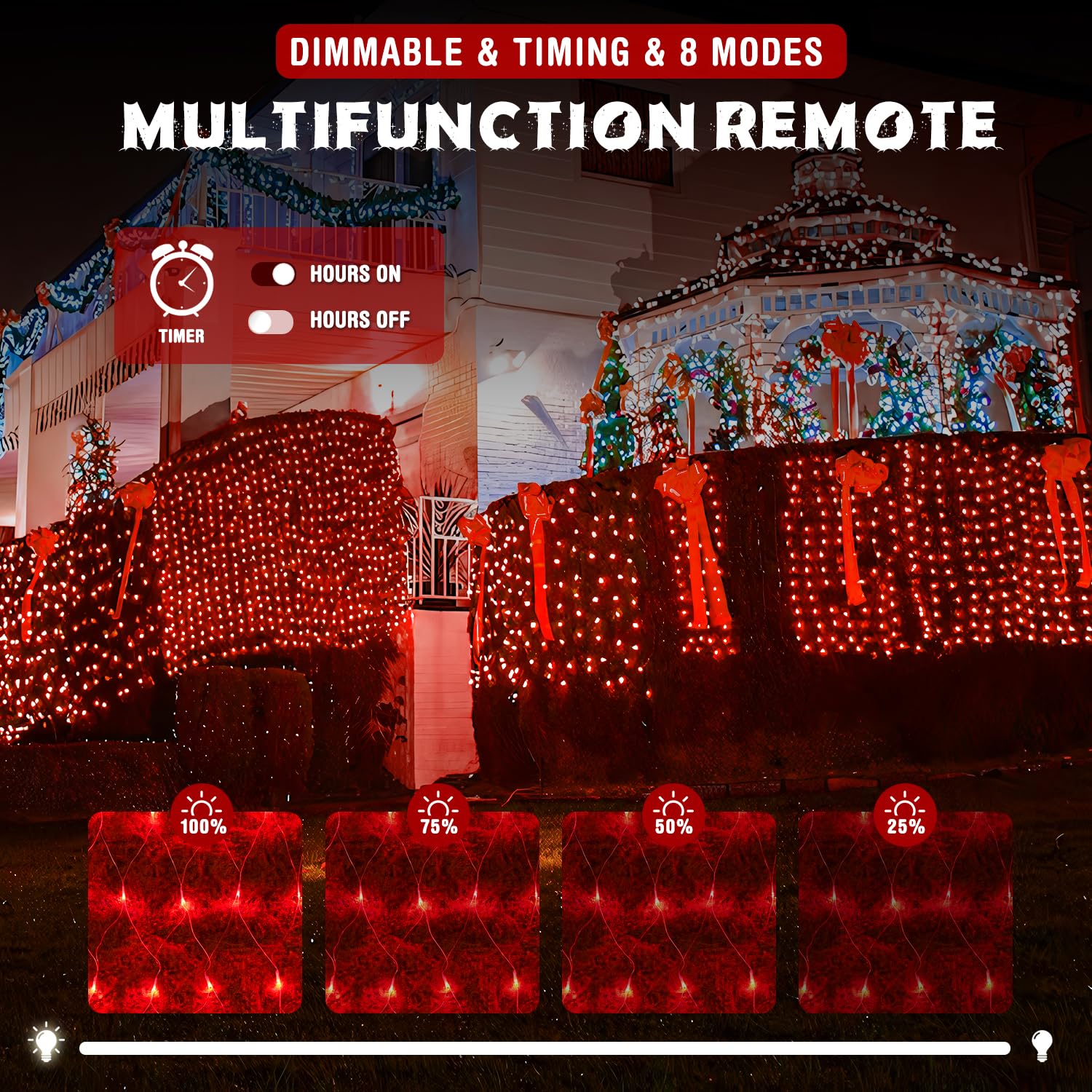 Jmexsuss 200 Led Red Christmas Net Lights, 9.8Ft X 6.6Ft Connectable Bush Lights With Remote, 8 Modes Waterproof For Tree, Yard, Fence Decoration
