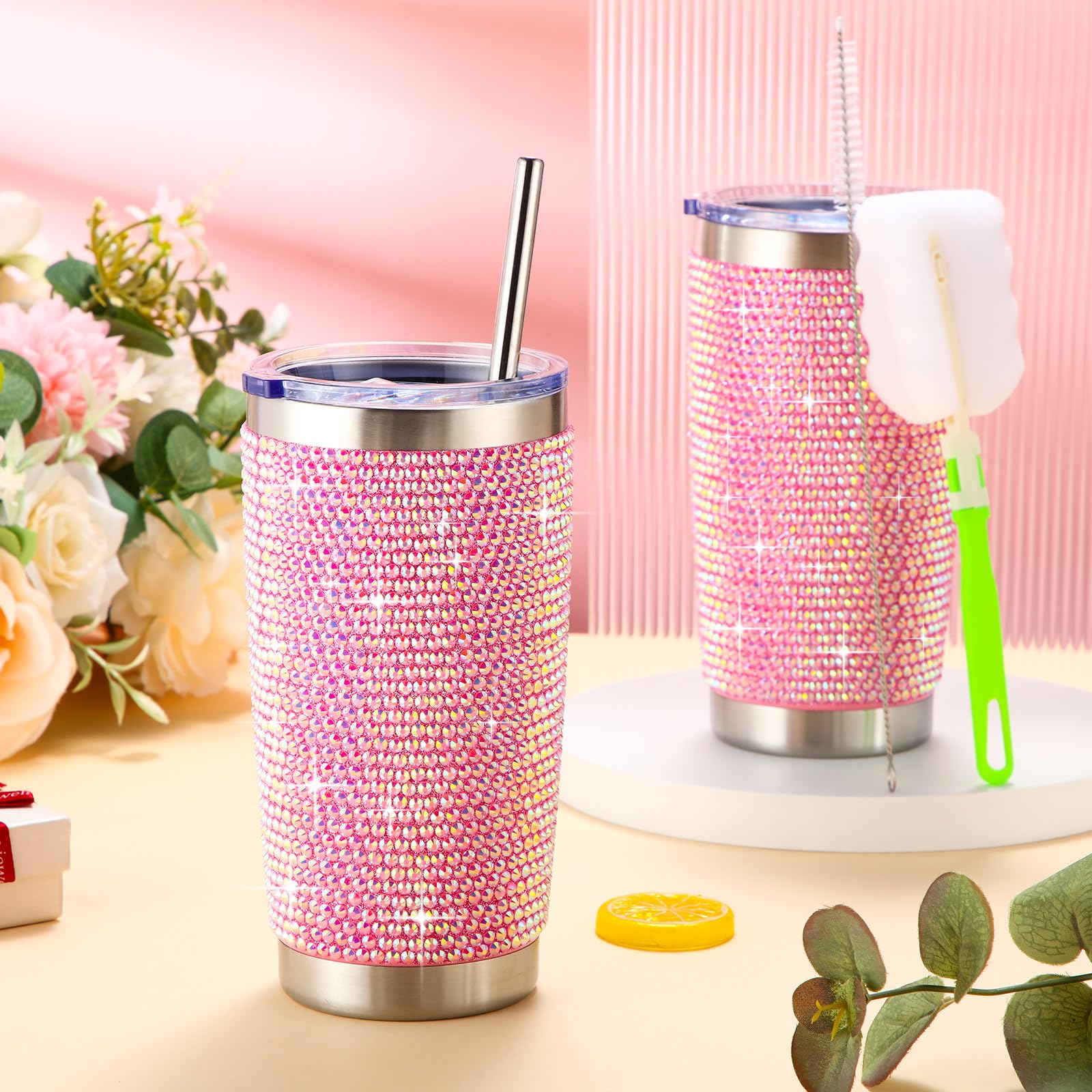 Lallisa 2 Pcs Rhinestone Tumblers Bling Cups 20 Oz Glitter Water Bottles Stainless Steel Vacuum Ins