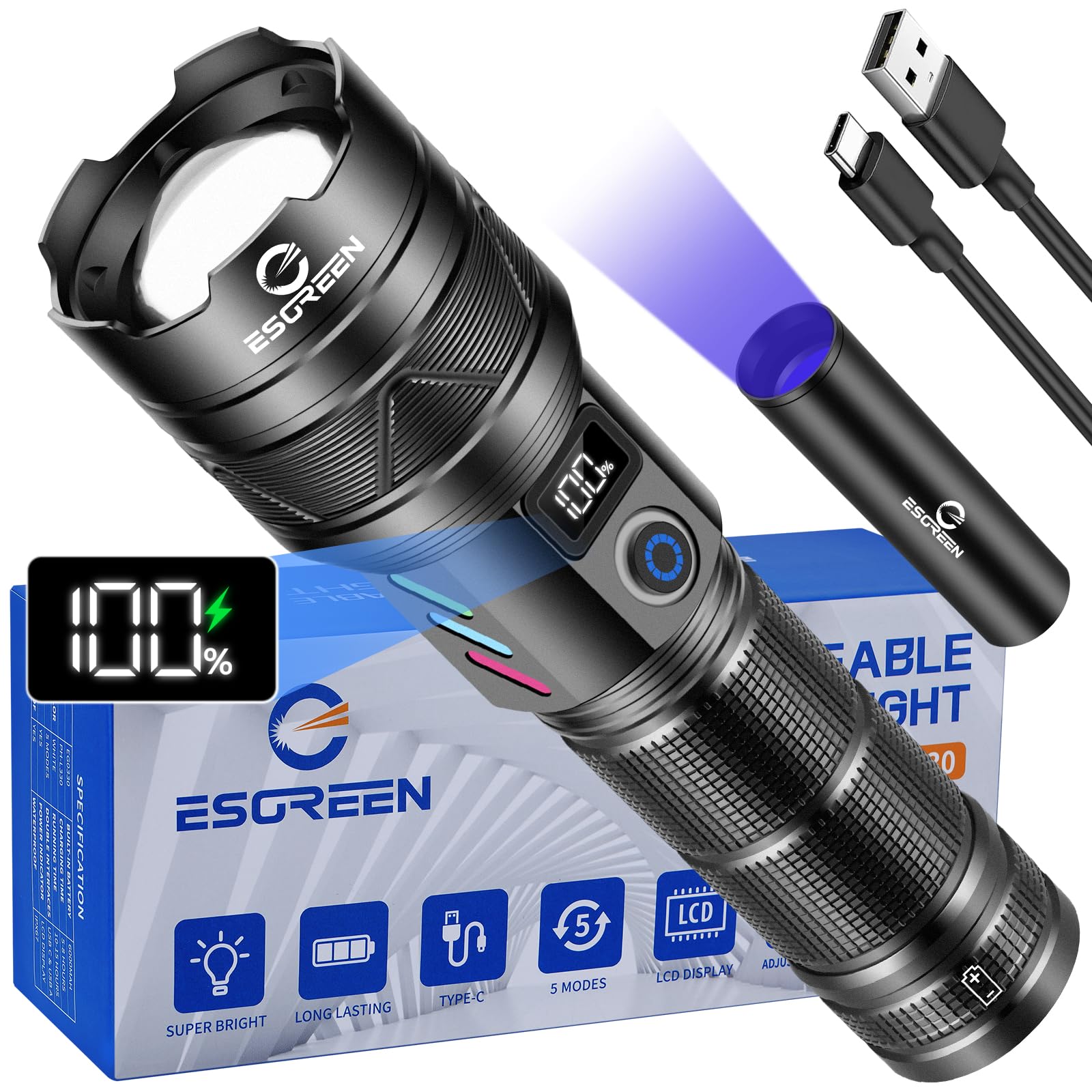 Esgreen 2 Pack Super Bright Rechargeable Flashlights High Lumens, Long Range,Long Lasting, Multi-Functional Usb Input & Output