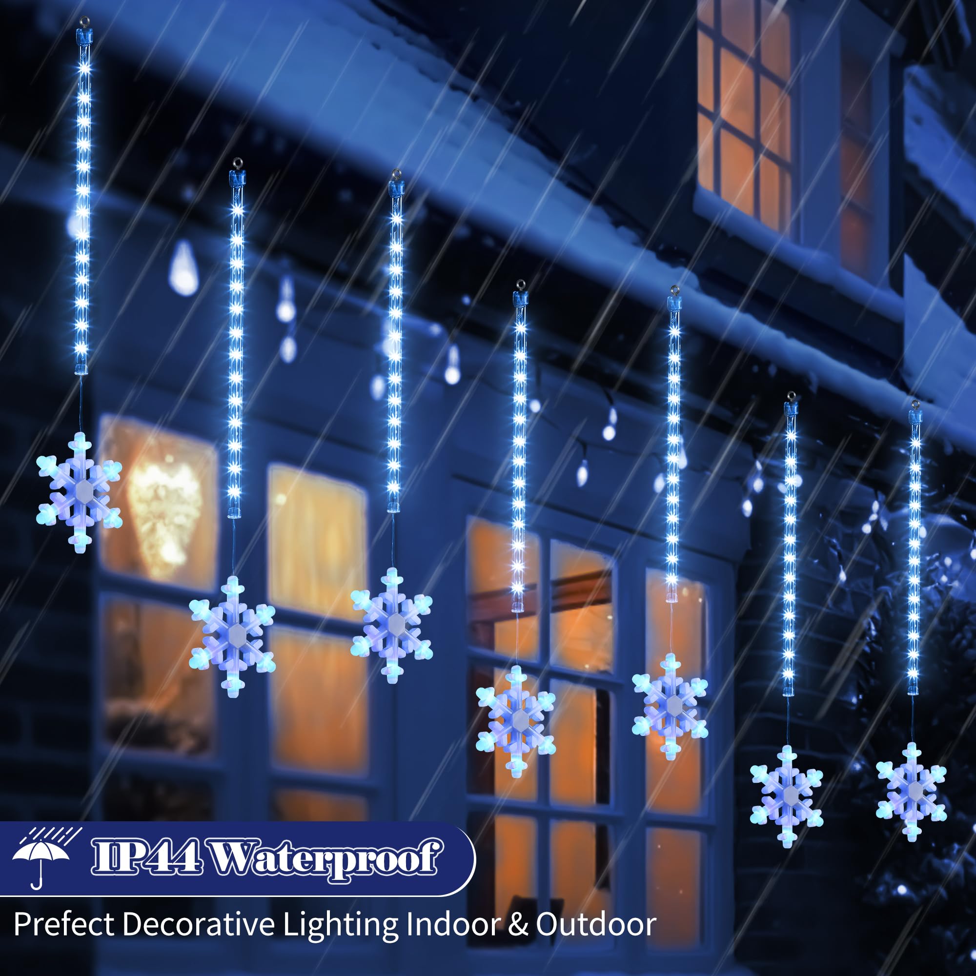 Enhon 2 Pack Meteor Shower Snowflake Lights Outdoor With Timer, Total 480 Led 12In 16 Tube Connectable Waterproof Meteor Rain Drop Christmas Light With Snowflake For Xmas Tree Roof Garden(Blue)