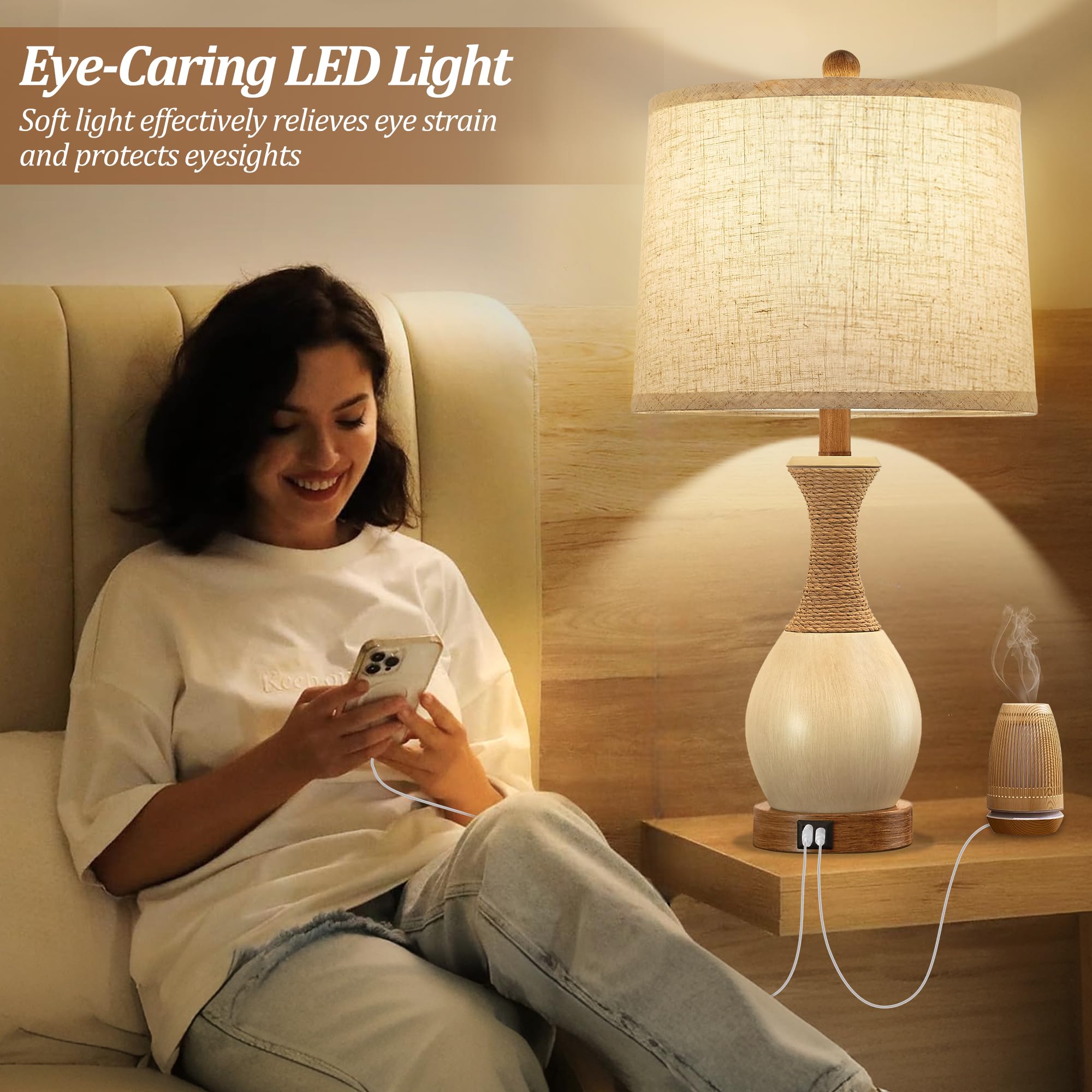 Ejiaxin Table Lamp For Bedroom Set Of 2 - Bedside Table Lamps With 3 Color Temperatures - Boho Rattan Lamps For Nightstand With Usb A+C Charging Ports Farmhouse Living Room Lamp Bulb Included