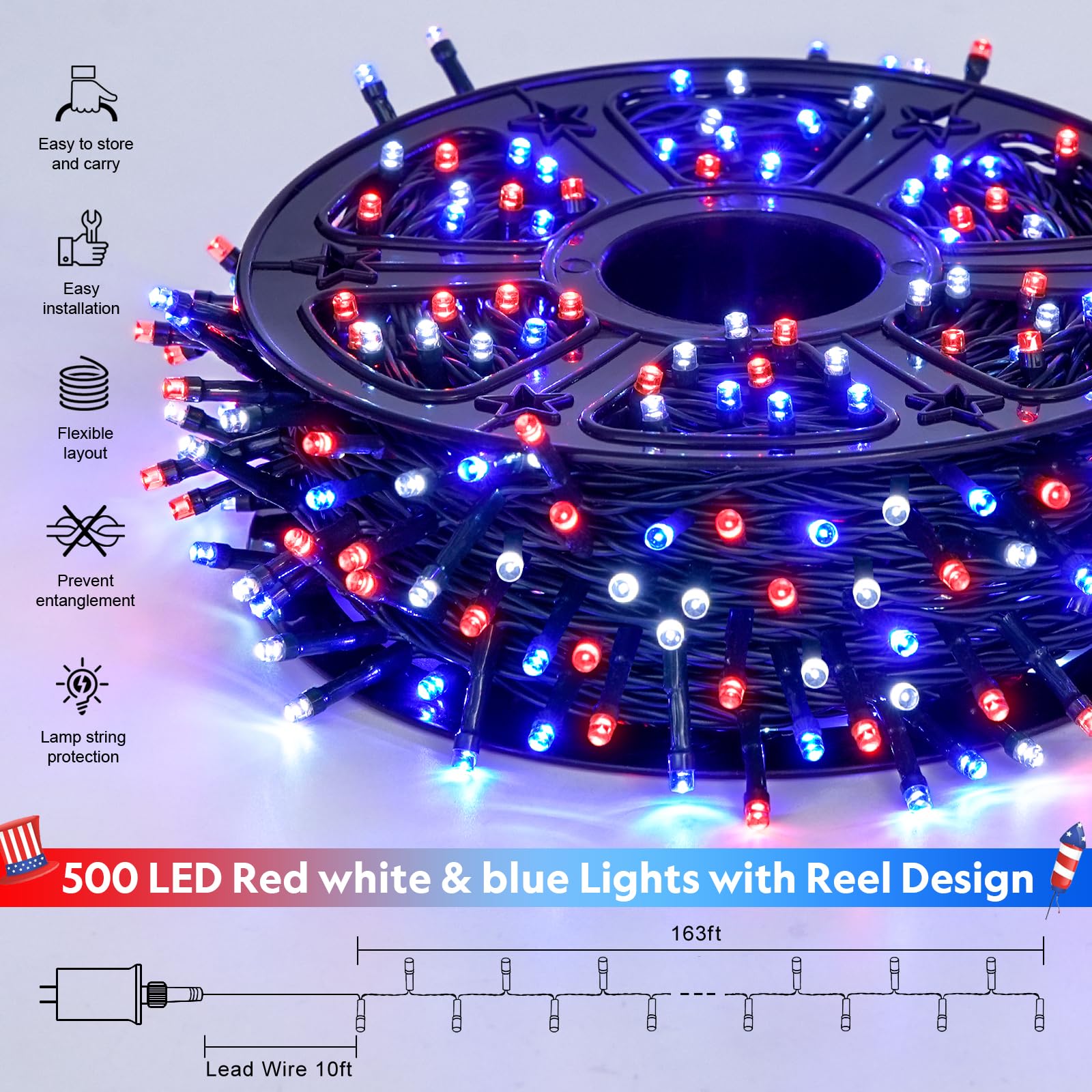 Jmexsuss 500 Led Red White And Blue Lights 4Th Of July Decorations, 173Ft 8 Modes 4Th Of July Lights Outdoor, Waterproof Patriotic String Light Plug In For Memorial Day Independence Day Holiday Decor