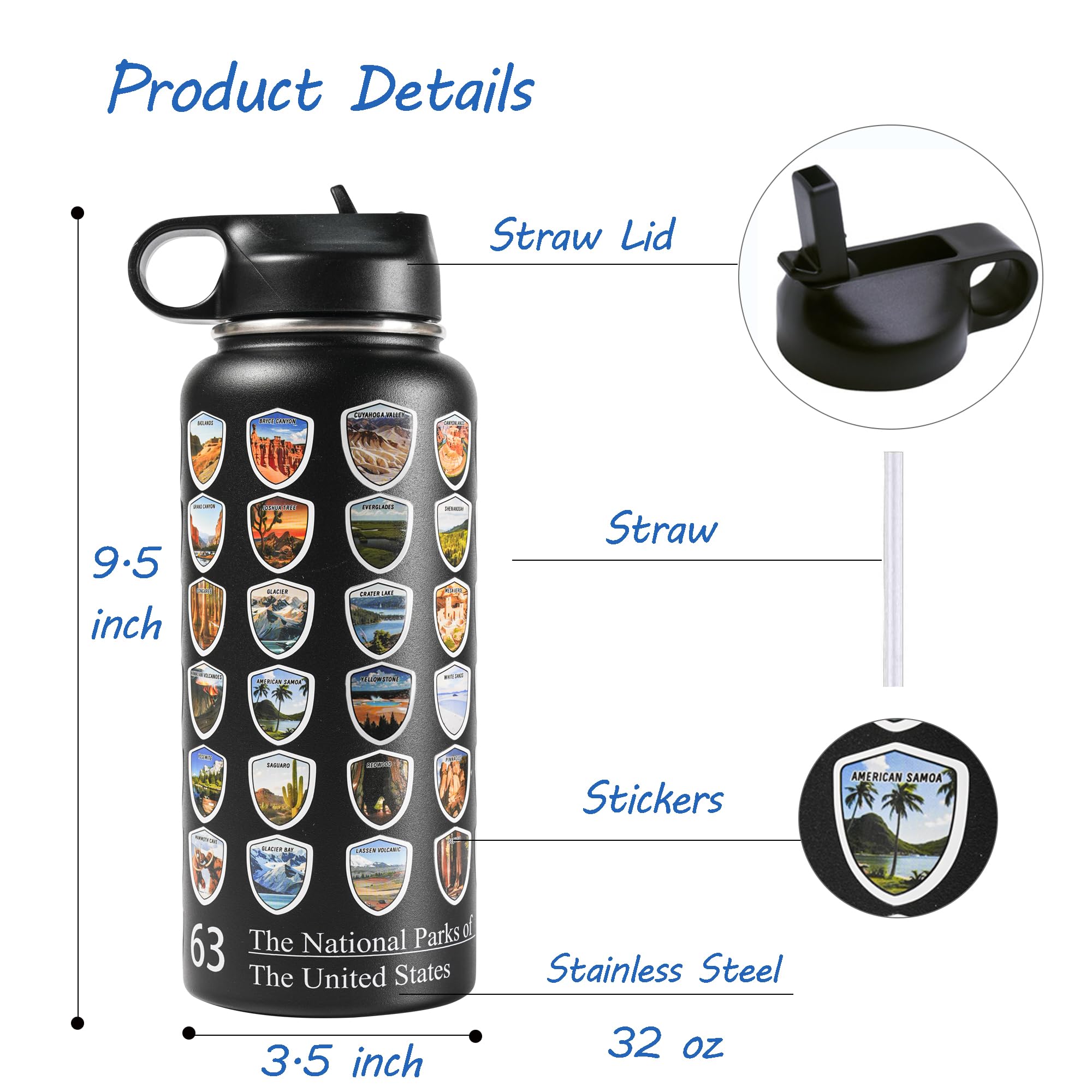 63 National Parks Water Bottle With Stickers,3D Printed,32 Oz Travel Insulated Bottles