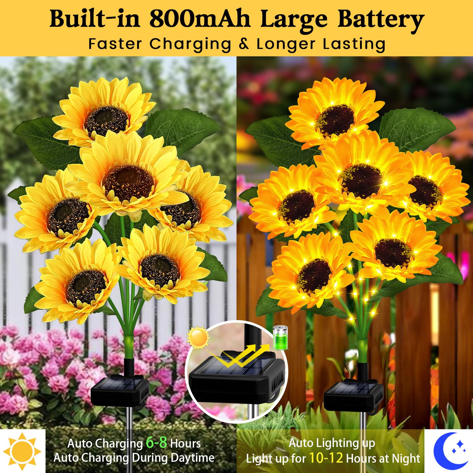 Vookry Solar Garden Lights Outdoor, 6 Pack Sunflower Lights With 36 Real Looking Flowers, Waterproof Summer Garden Decor Solar Flowers For Yard Bakcyard Patio Flowerbed Yard, Gift For Mom Women