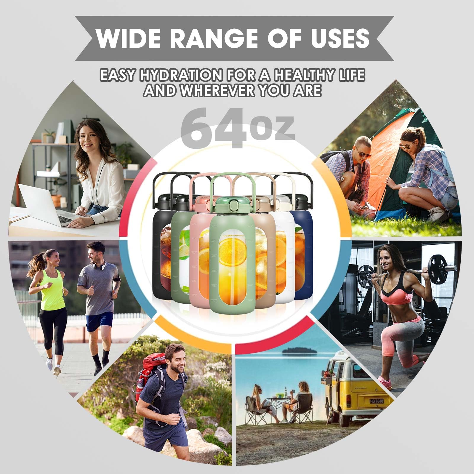 Glass Water Bottles 64 Oz With Time Marker - Half Gallon Water Bottle With Straw Handle