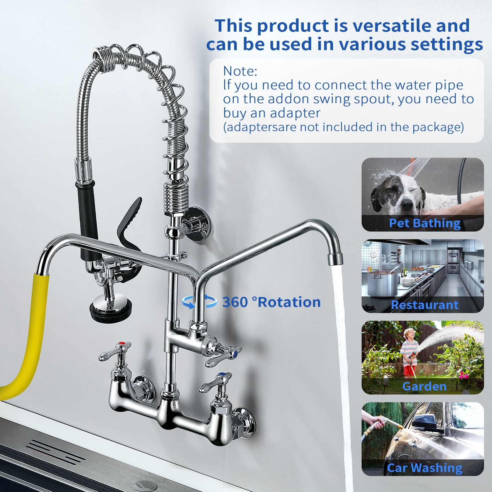 Keipan Commercial Kitchen Wall Mounted Faucet 8 "Center Wall Mounted Kitchen Sink Faucet With 8" Swinging Nozzle 20 "High Stall Sink Faucet For 1 Or 2 Stall Kitchen Sinks With Drop Down Sprayer