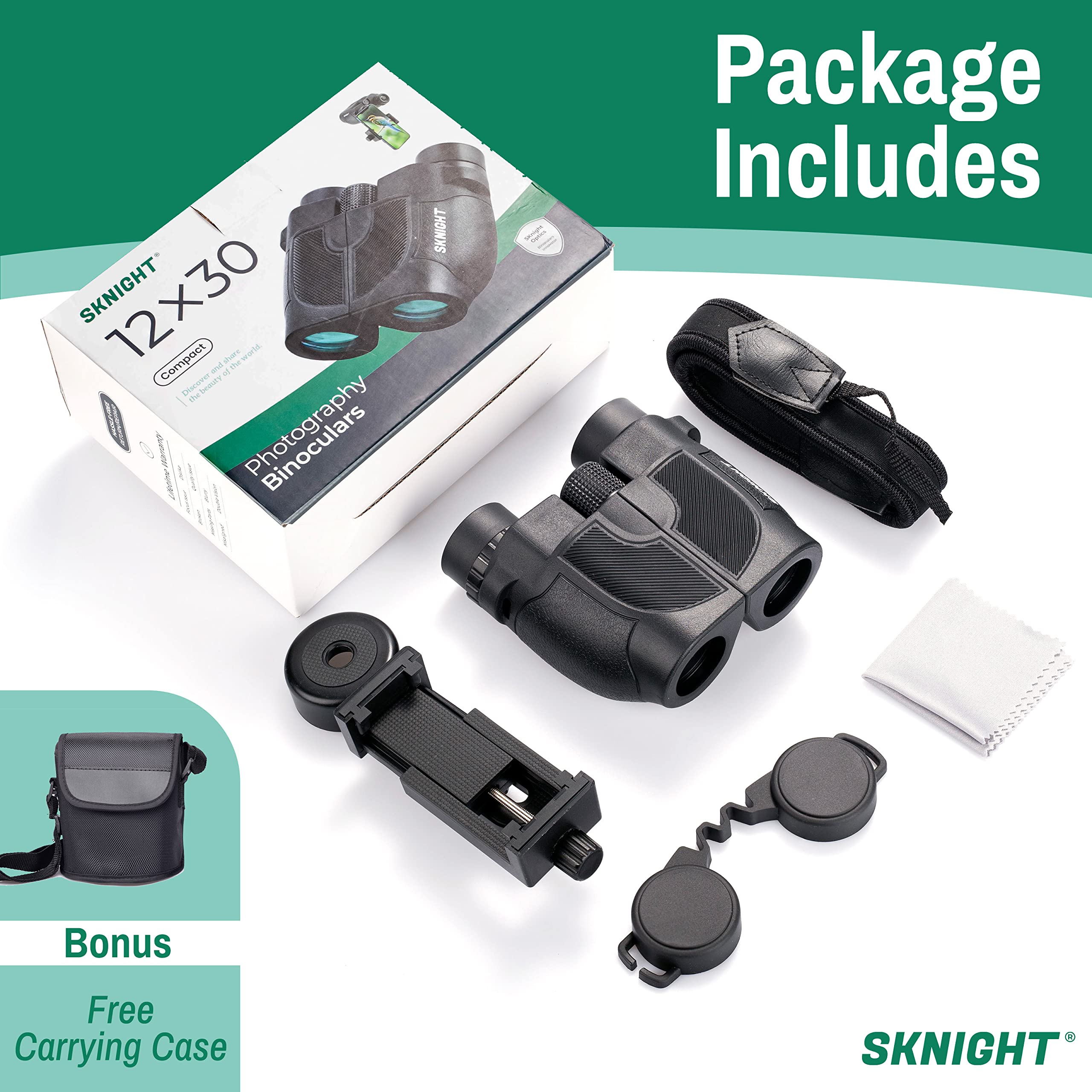 Daoneg Sknight 12X30 Compact Binoculars For Adults And Kids With Phone Adapter, Small Binoculars With Large View, Lightweight Binoculars For Travel Bird Watching Concert Sports