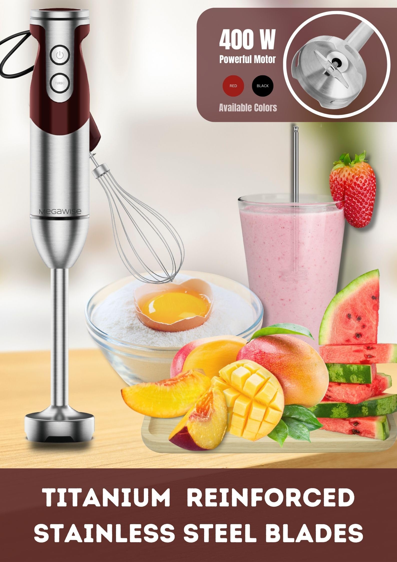 Megawise 3- In-1 Immersion Hand Blender, Powerful Motor & Stainless Steel Stick Blender, 4 Sharpe Blades With Whisk, Milk Frother Attachments