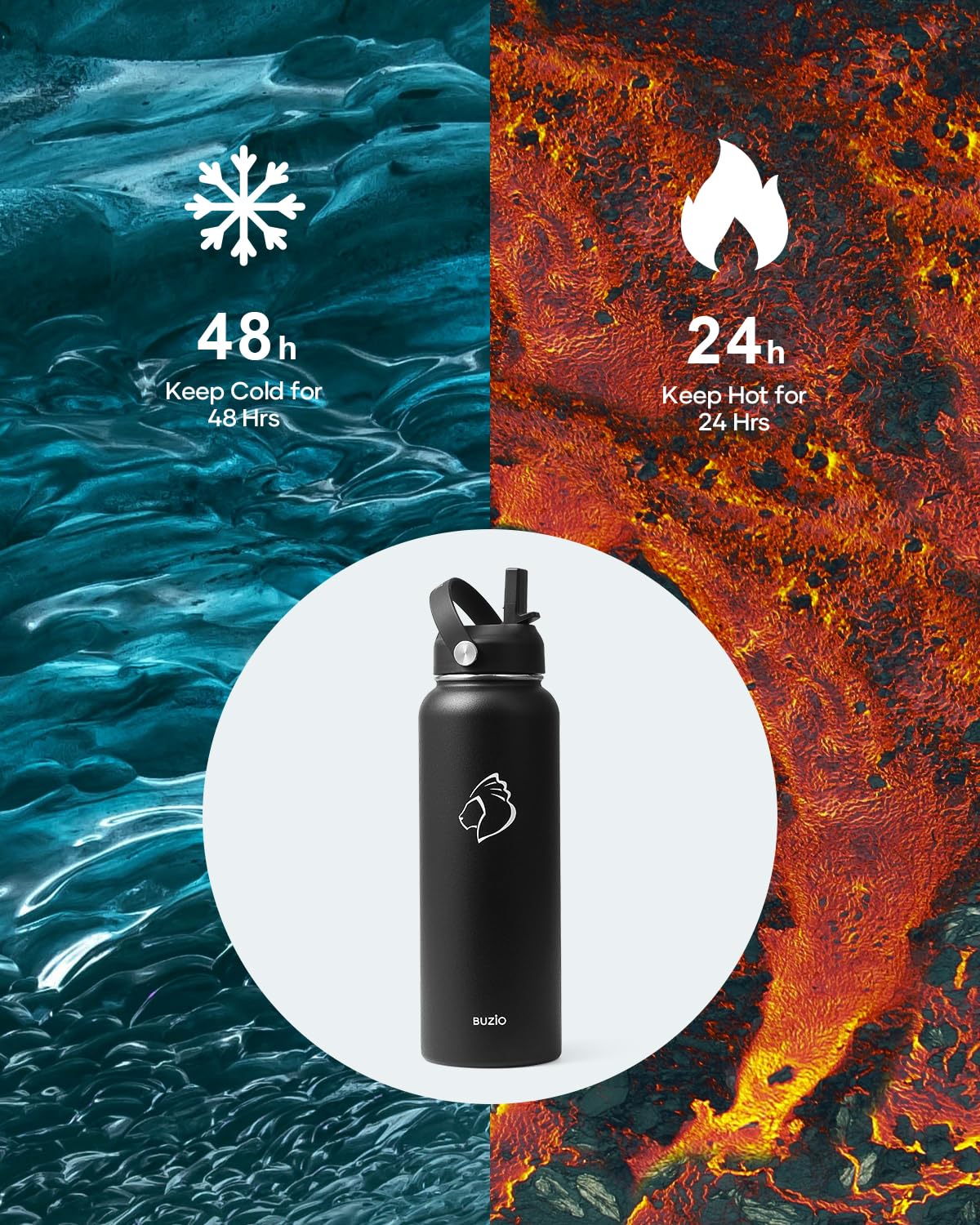 Buzio 40Oz Insulated Water Bottle, Triple Wall Vacuum Stainless Steel Water Flask With 2 Lids