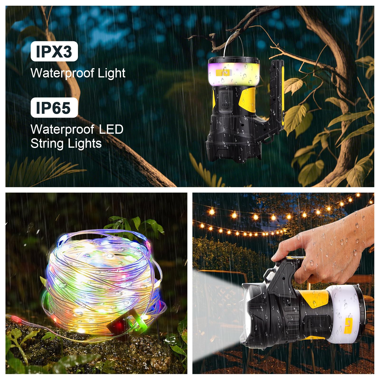 Zarrson Waterproof 49Ft Led Decorative String Light With Storage Box & 5H Runtime, Super Bright Flashlight (20H Spotlight) For Outdoor Patio, Camping, Garden Party Decoration