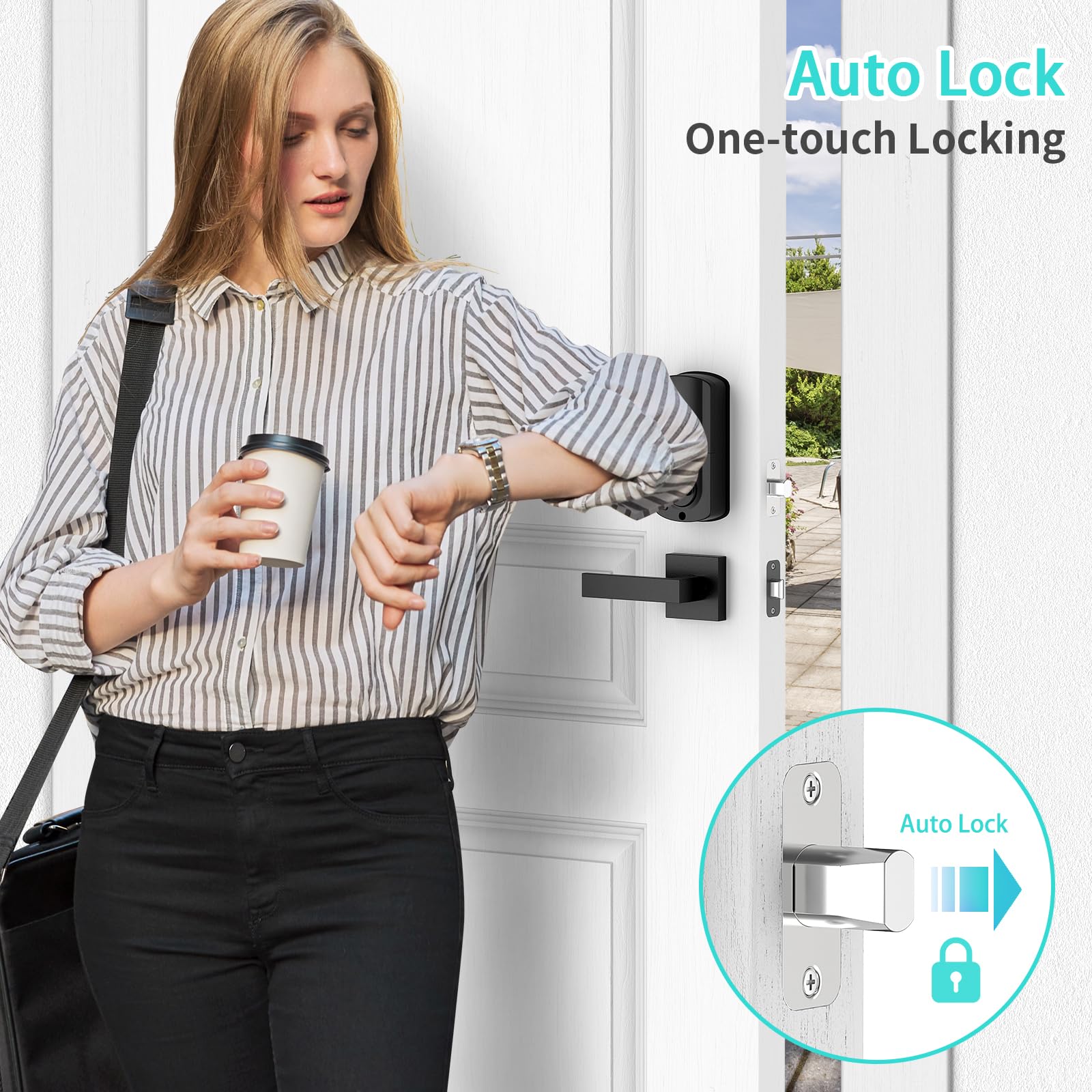 Cinop Front Door Lock Set 5 In 1 - Wifi Remote Control Unlock, Smart Locks For Front Door, Keyless Entry Door Lock Deadbolt With Handle Set, Bluetooth Enabled With Alexa Voice Control (Black)