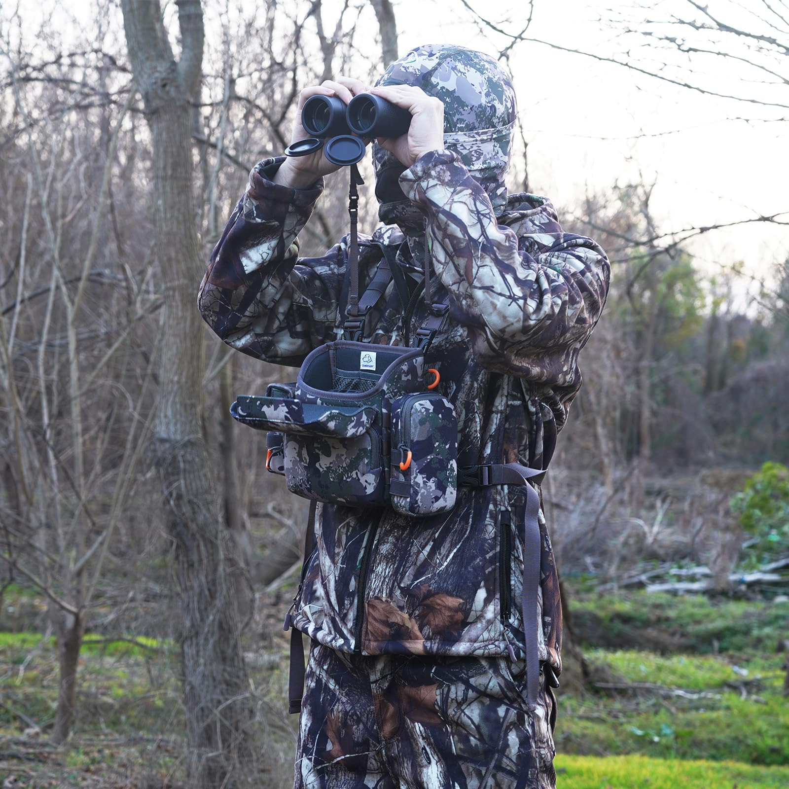Zoebruzer Binocular Harness Chest Pack, Bino Harness Bag With Rangefinder Pouch & Rain Cover, Molle System Multifunction Hunting Pack