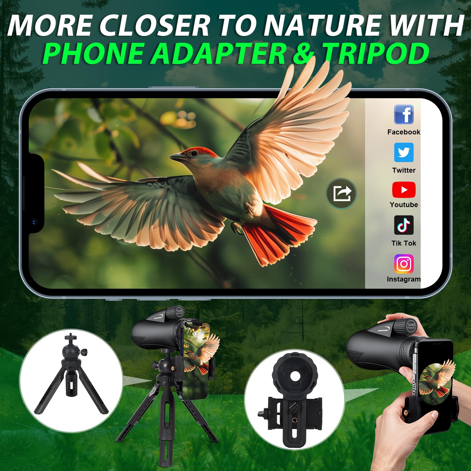 Aurosports 12X55 Monocular For Adults High Power - Compact Portable Monoculars For Bird Watching - Hd Monoculars With Smartphone Adapter Tripod Camera For Hunting Hiking Camping Wildlife