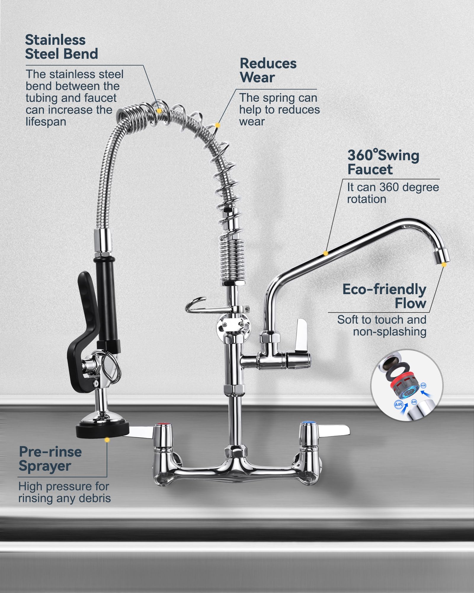Arcora Commercial Kitchen Faucet Wall Mount: With Pre-Rinse Sprayer - Industrial Restaurant 21" Height 8'' Center Compartment Sink Faucet With 10" Add-On Swing Faucet Chrome