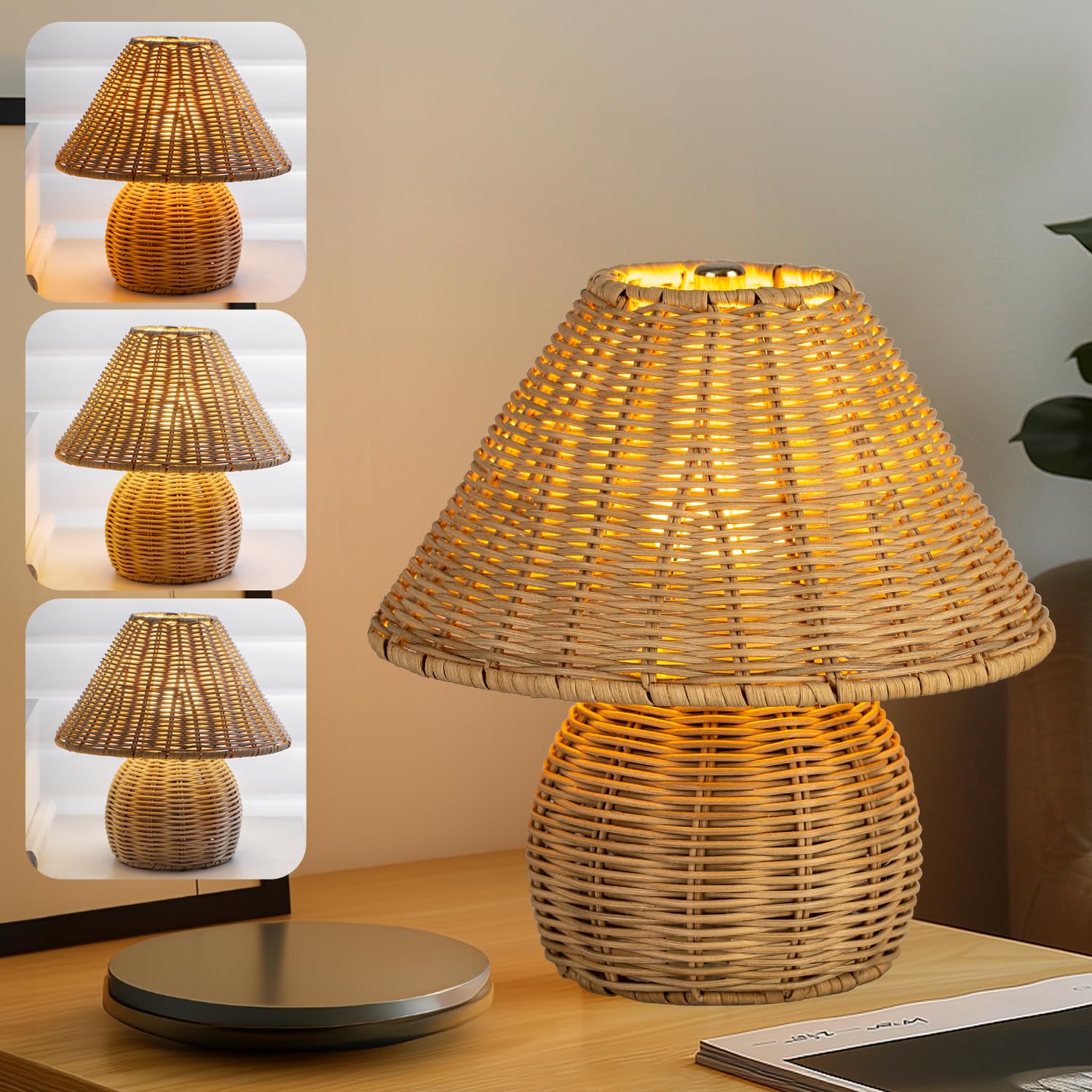 Werfop Bamboo Table Lamp Handmade Boho Rattan Bedside Lamp,3 Colors Adjustable Vintage Wicker Wooden Nightstand Lamp With E26 Bulb For Bedroom Living Room Desk Entrance