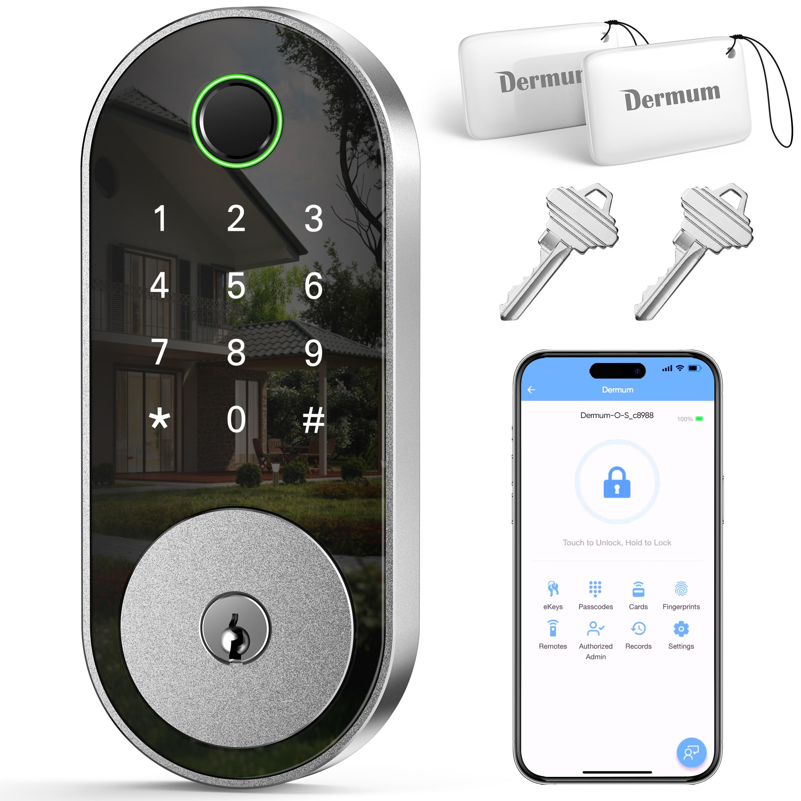 Dermum Smart Door-Lock Keyless-Entry Keypad Deadbolt: Electronic Door Lock With Code Passcode, Fingerprint Lock For Front Door (Silver)