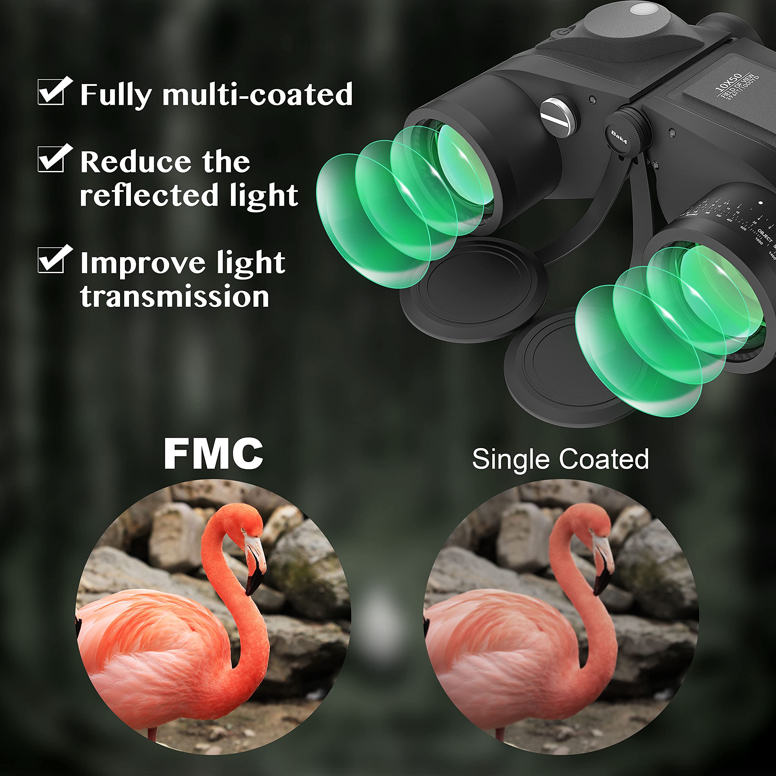 Aomekie 10X50 Binoculars For Adults Marine Military Binoculars Waterproof With Rangefinder Compass Bak4 Prism Fmc Lens For Birdwatching Hunting Boating (10X50 Black)