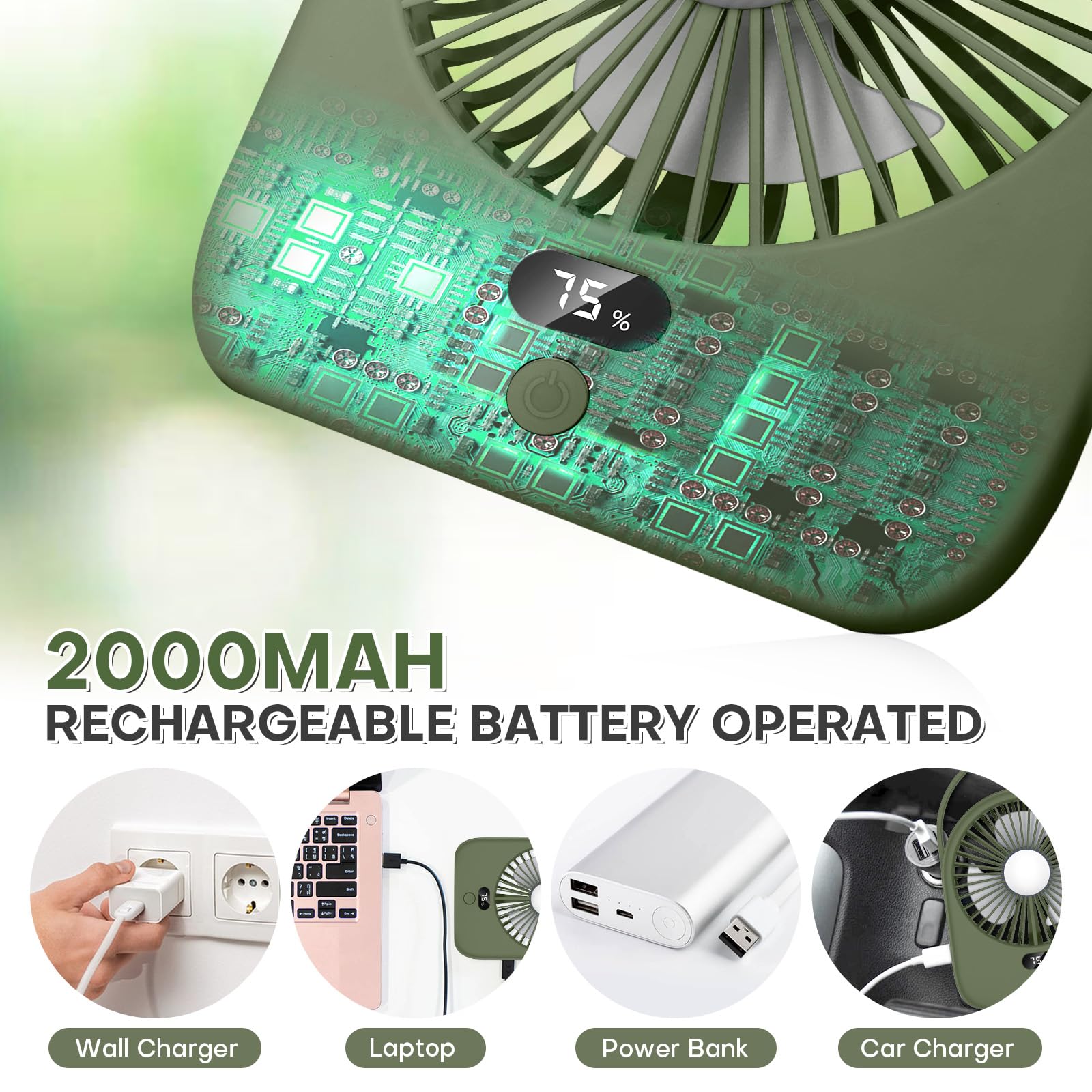 Nezylaf Portable Desk Fan With Led Light, Rechargeable 2000Mah Battery Operated Personal Fan, 180°