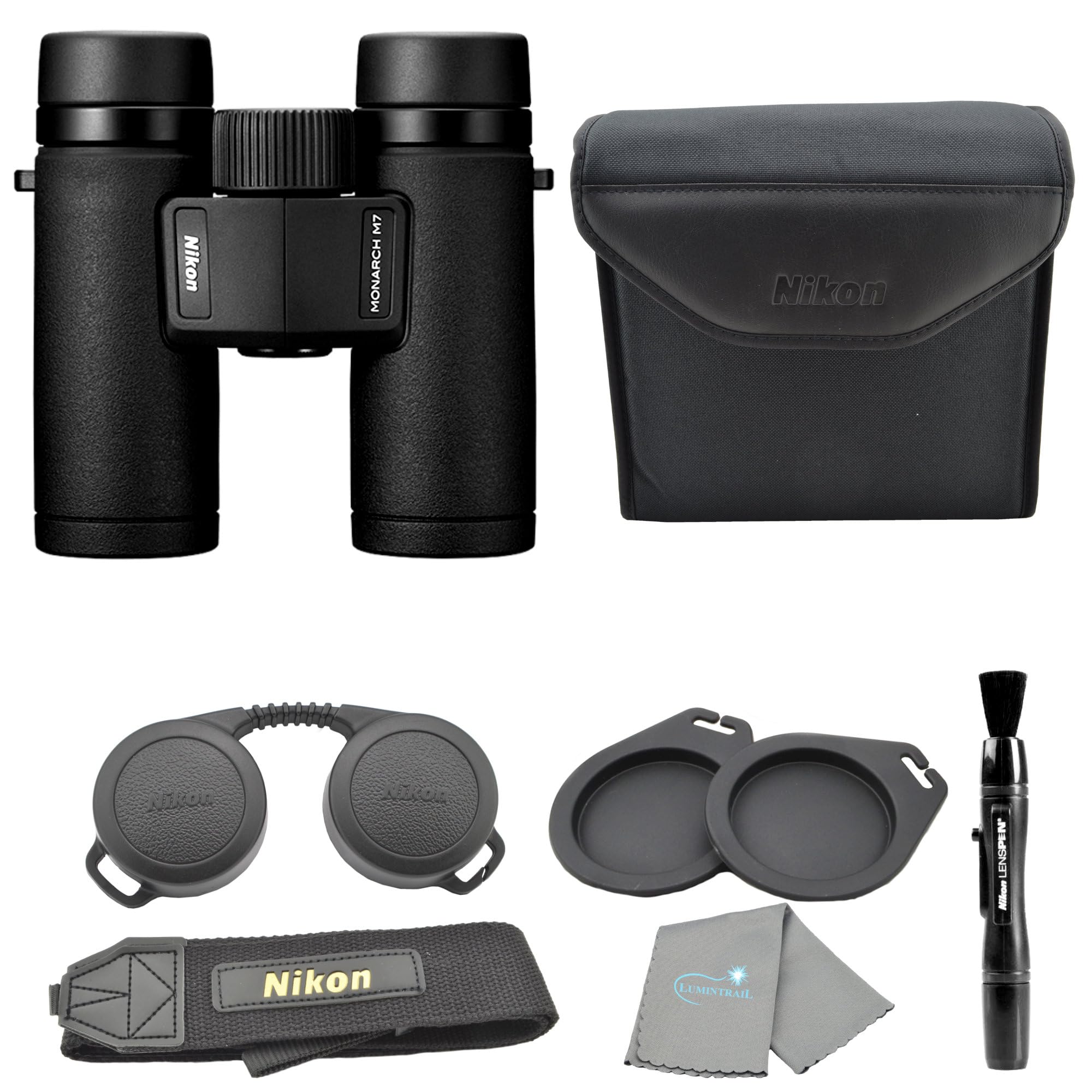 Lumintrail Nikon Monarch M7 8X30 (16763) Black Binoculars Bundle With Lens Pen And Cleaning Cloth, Compact Binoculars For Adults For Hunting, Bird Watching, And Hiking Essentials, Zoom Lightweight Travel